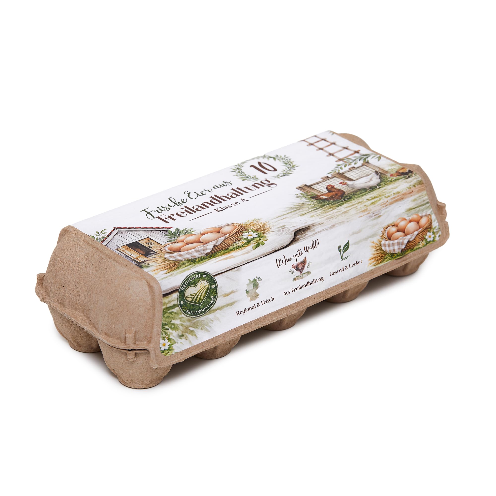 Eierschachteln "Freilandhaltung" aus Recyclingfasern, 10 Eier, Größe S/M/L Eierkartons Eierverpackung mit Aufdruck (105) | Etikett "Freilandhaltung"