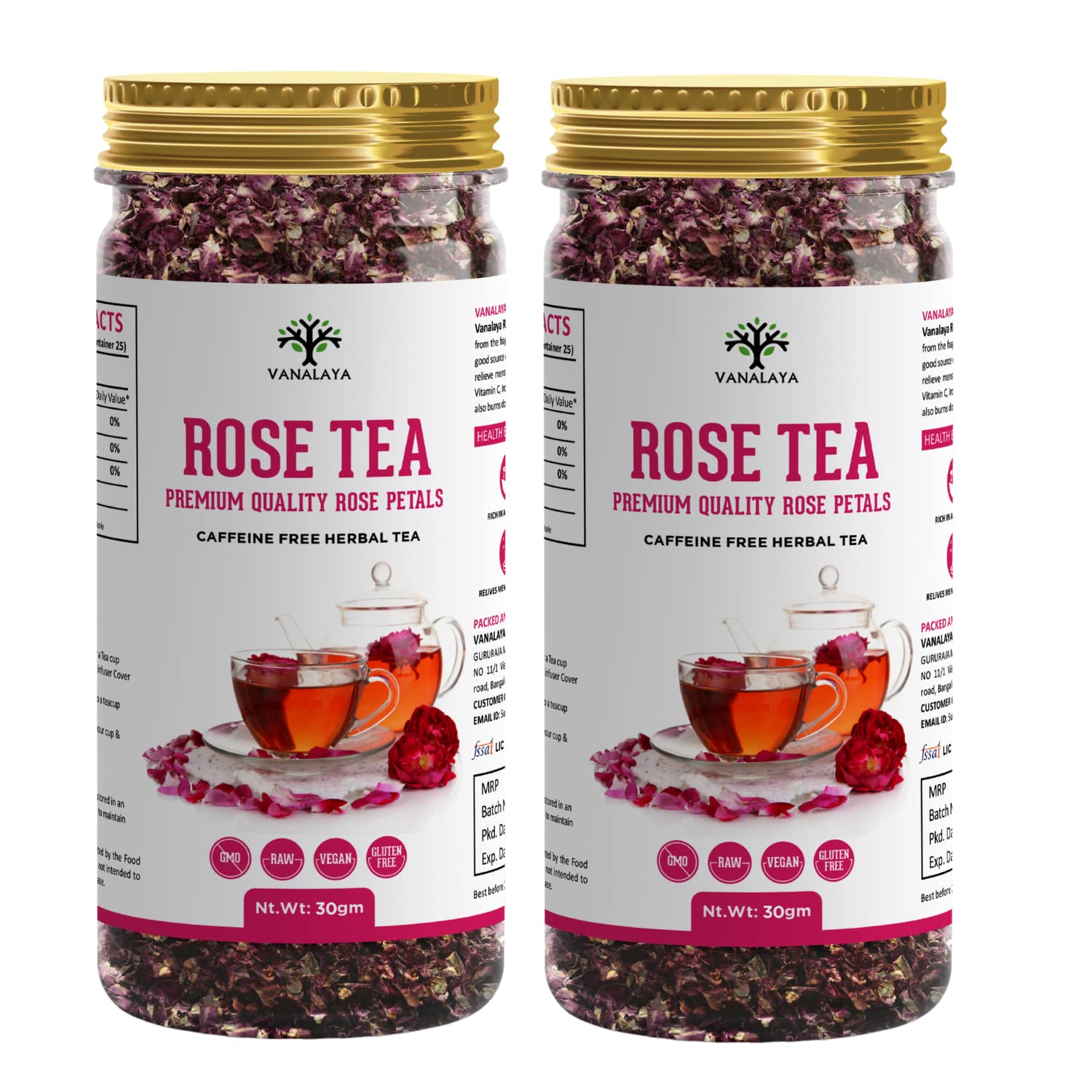 VANALAYA Rose Tea For Glowing Skin, Weight Loss Made With 100% Natural Rose Petals (Pack Of 2X30Gm), 60 grams