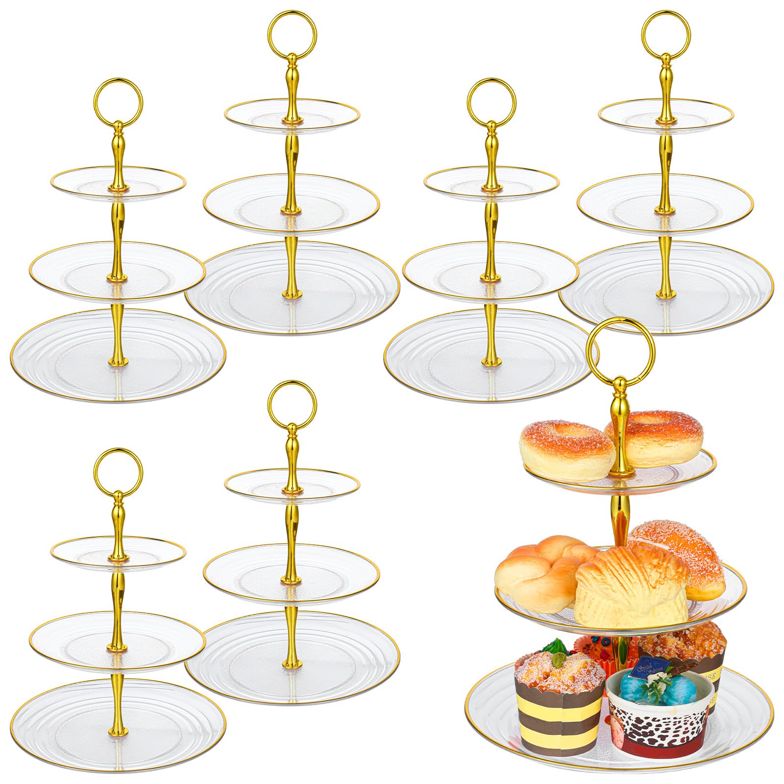 HOFURME 6 Pack 3 Tier Plastic Cupcake Stand Bulk Tiered Dessert Stand Thick Clear Plastic Serving Tray with Gold Edges Dessert Table Display Set Tea Cake Holder for Wedding Birthday Party Decorations