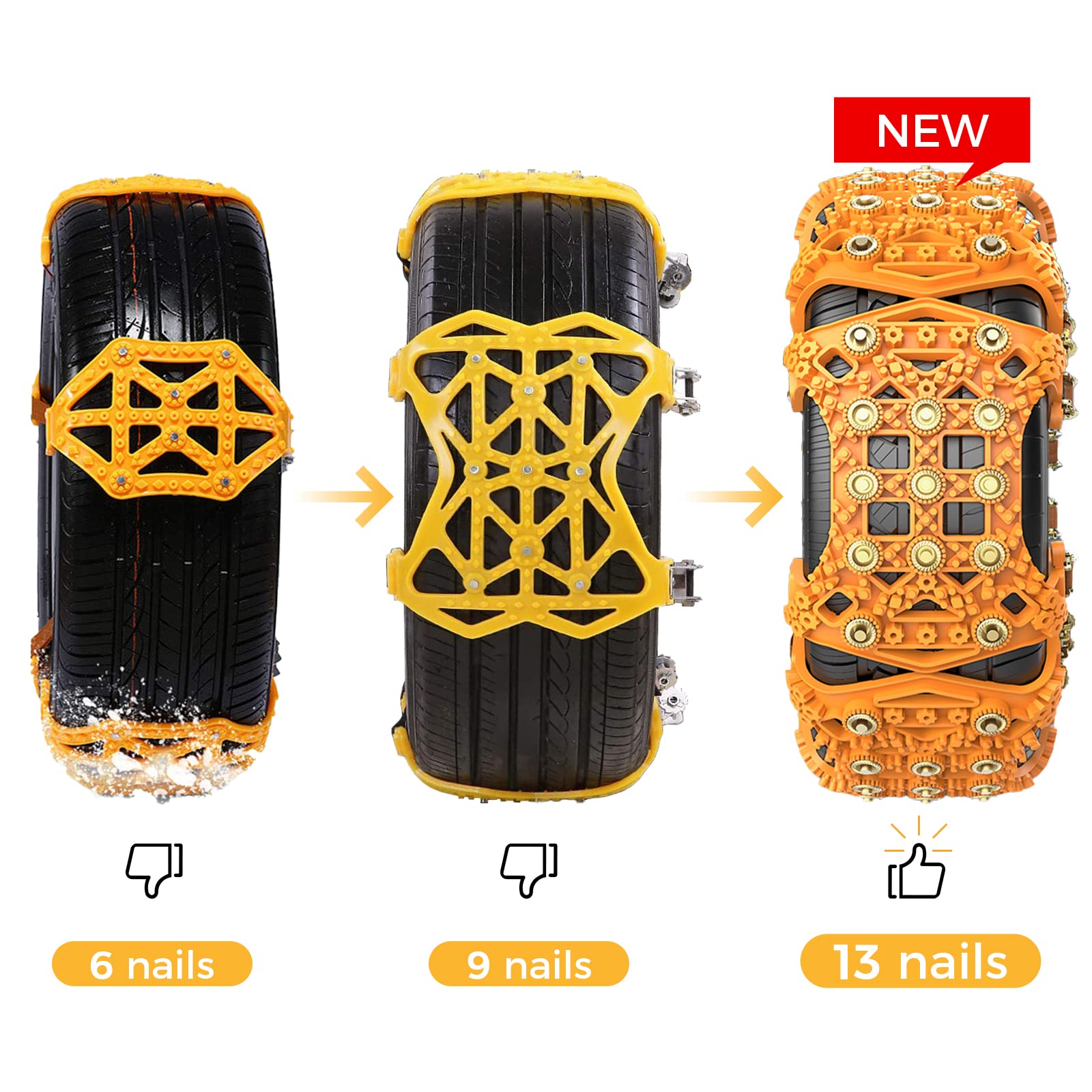 Chaines Neige 6PCS, Chaines Neige Universel 165-265MM R15-R19, WYRIAZA Chaine Voiture 205 55 R16, Chaine Neige Easy Grip Chaine Voiture Neige Chaine Pneu Voiture Extrem Grip Automatic - Jaune