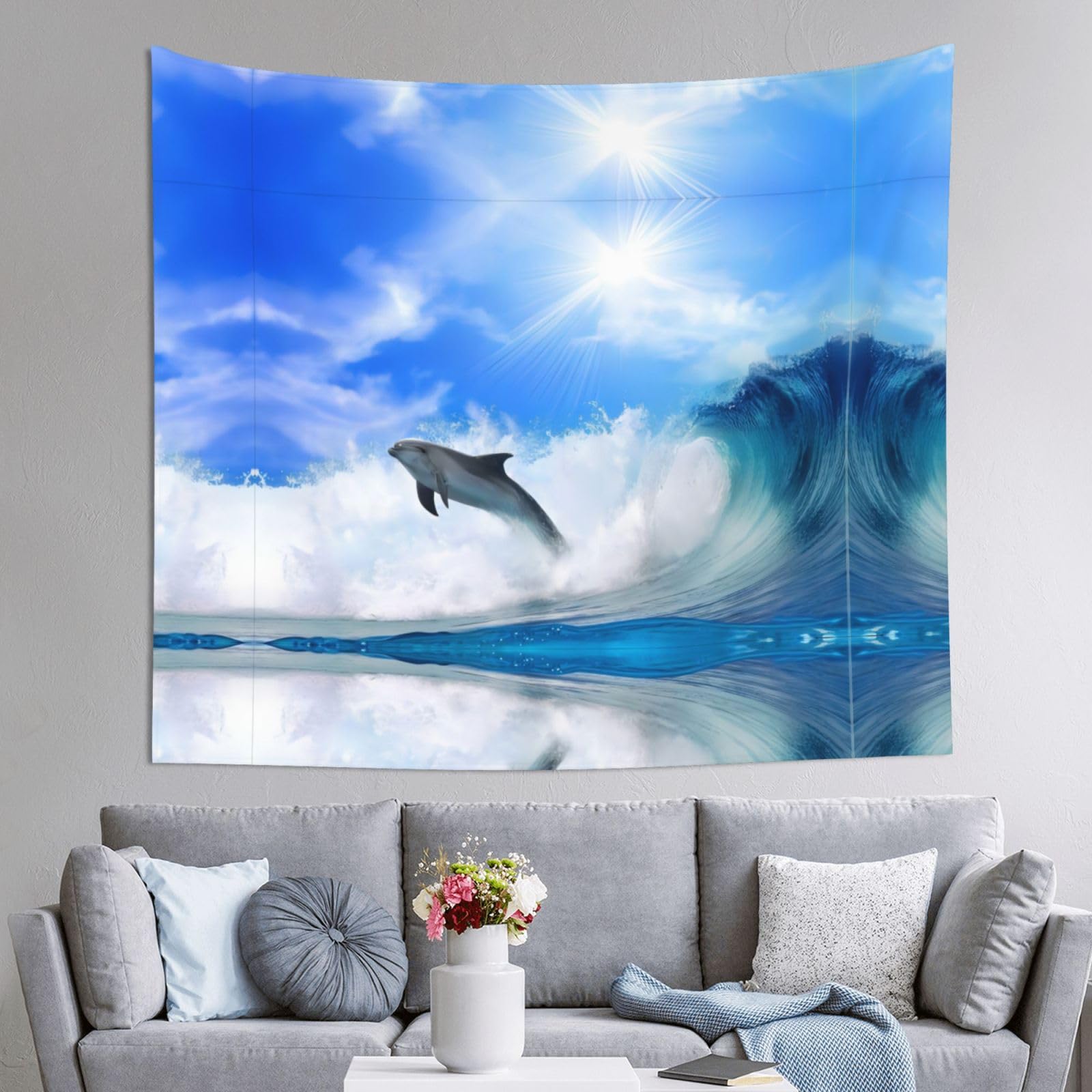 HLSBSSL 60x51in cute Dolphin Printed Tapestry Tablecloth for Dormitory and Picnic Rooms - Multifunctional Fabric Hanging