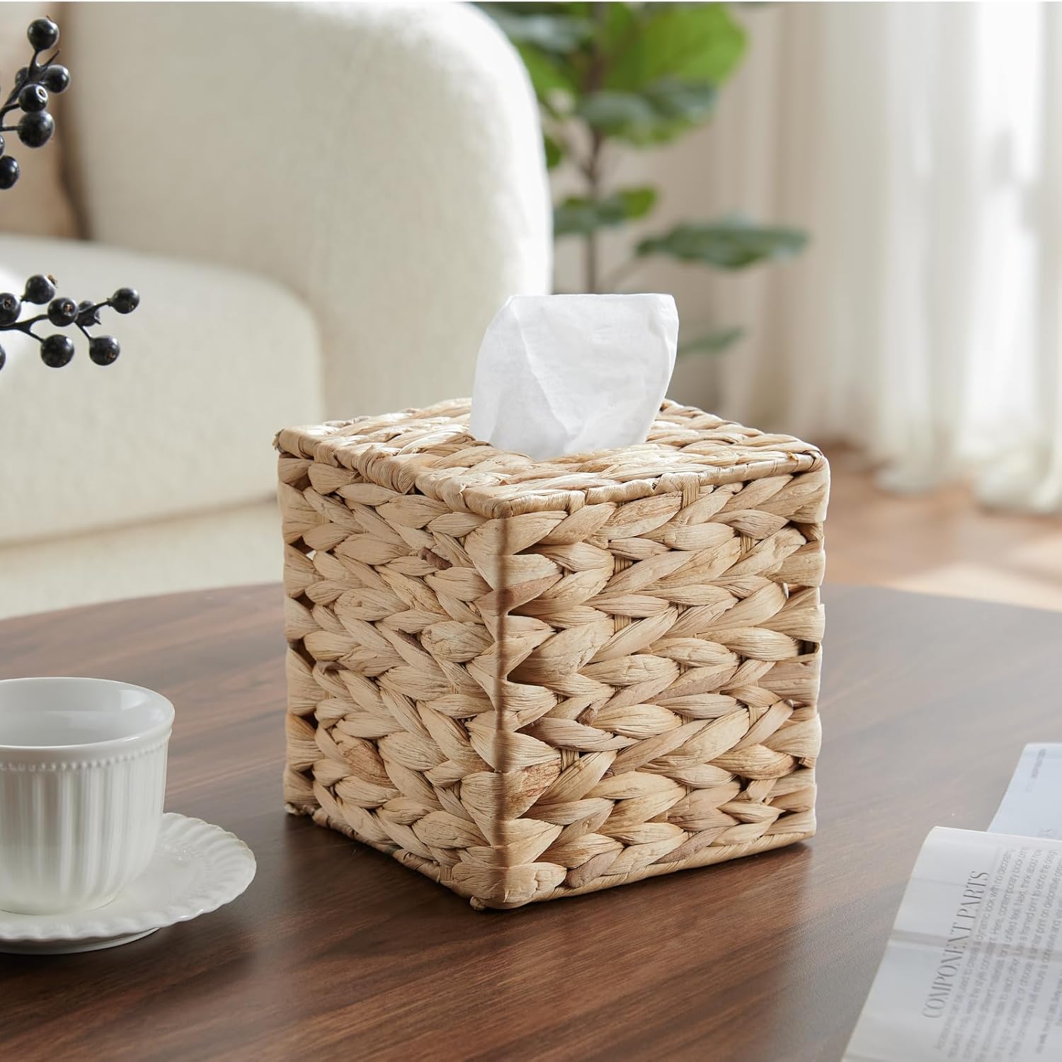 YANGQIHOME Tissue Box Cover Square, Water Hyacinth Tissue Box Holder and Bathroom Trash Can, Wicker Trash Can with Hanldes for Bedroom, Living Room, Kitchen, Bathroom and Office
