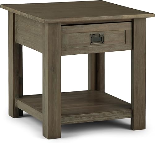SIMPLIHOME Monroe - Mesa auxiliar cuadrada rústica de madera de acacia maciza de 22 pulgadas de ancho en gris envejecido con almacenamiento, 1