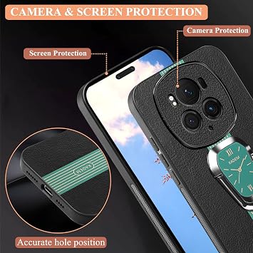 電話ケース Honor Magic 6 Pro用 リングホルダー付き ブラック、Honor Magic 6 Pro用時計パターンスタンド レザー製 スリム エレガント 耐衝撃カバー シリコン TPU ソフトエッジ グリーン