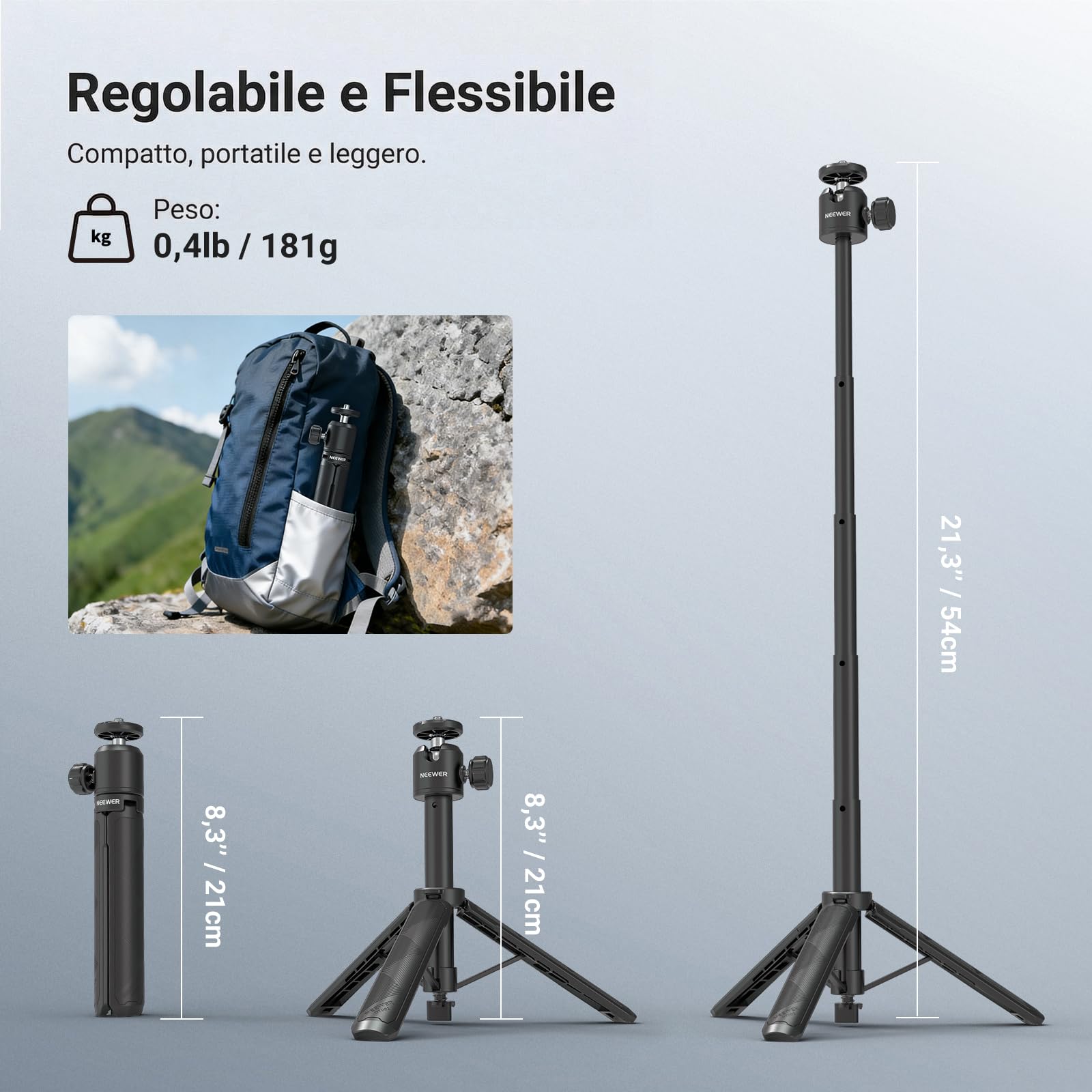NEEWER BASICS Treppiede Selfie Stick Estensibile, Impugnatura Supporto Portatile in Metallo Compatibile con Canon G7X Mark III Sony ZV-1 RX100 VII A6400 A6600 Nikon Camera Webcam per Vlogging, DT001