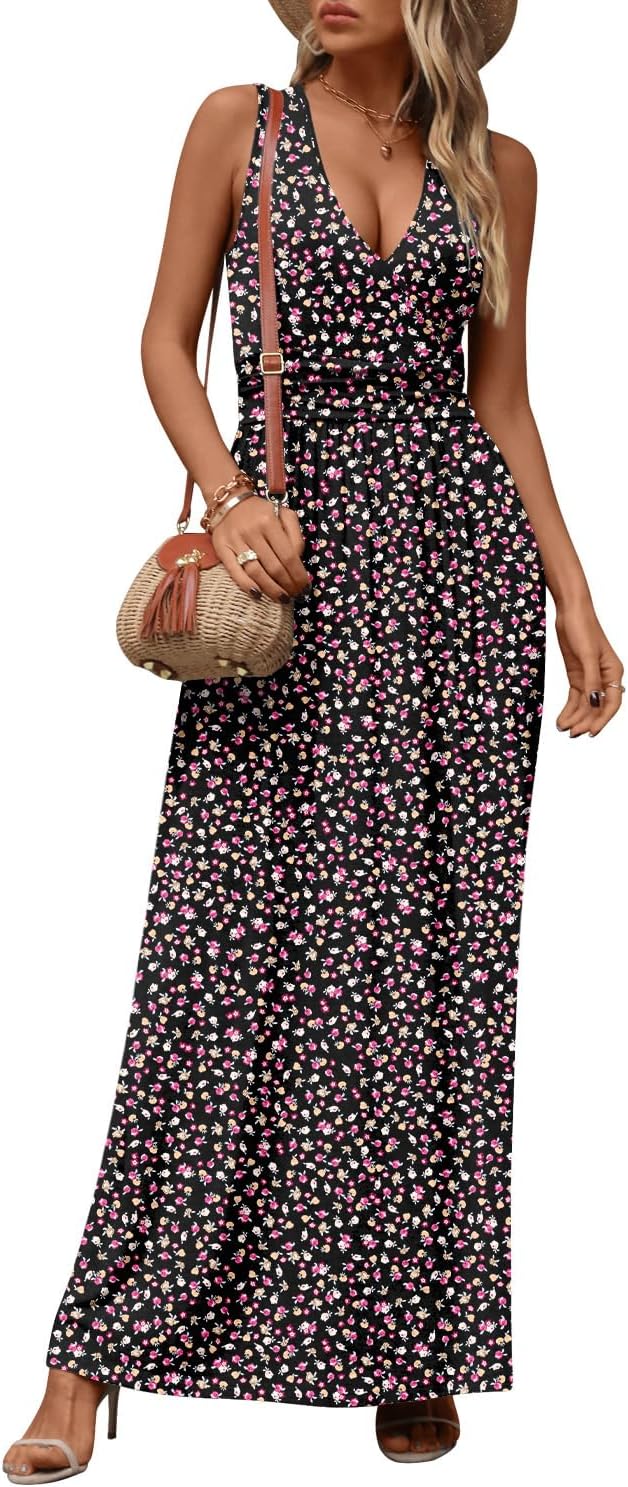 CATHY Women's Casual Sleeveless Deep V Neck Beach Waist Maxi Dresses with Pockets - Image 2