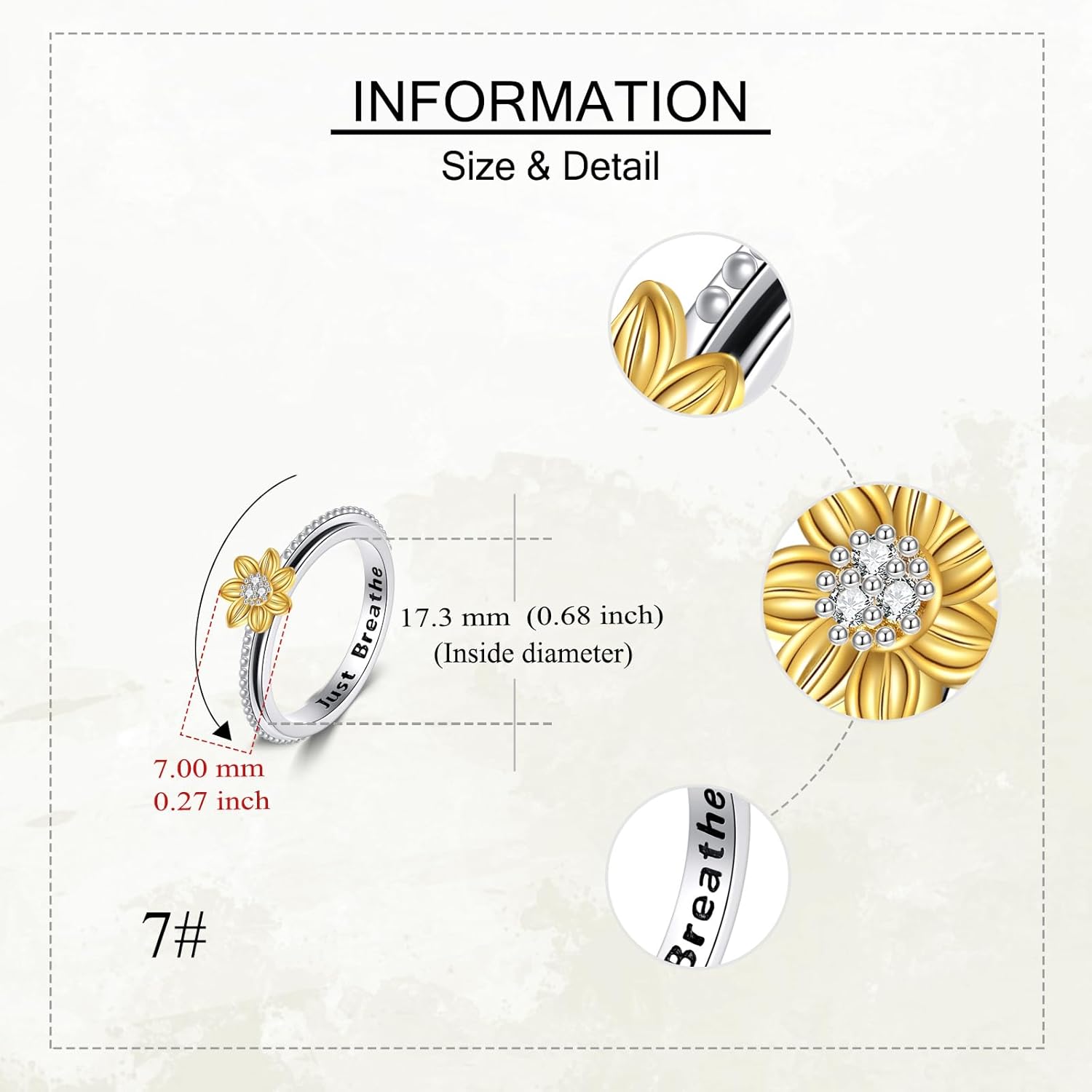 Sunflower Spinner Anxiety Ring 925 Sterling Silver You Are My Sunshine Flower Fidget Ring ADHD Stress Relieving Jewelry for Women Size 7/8 - Image 4