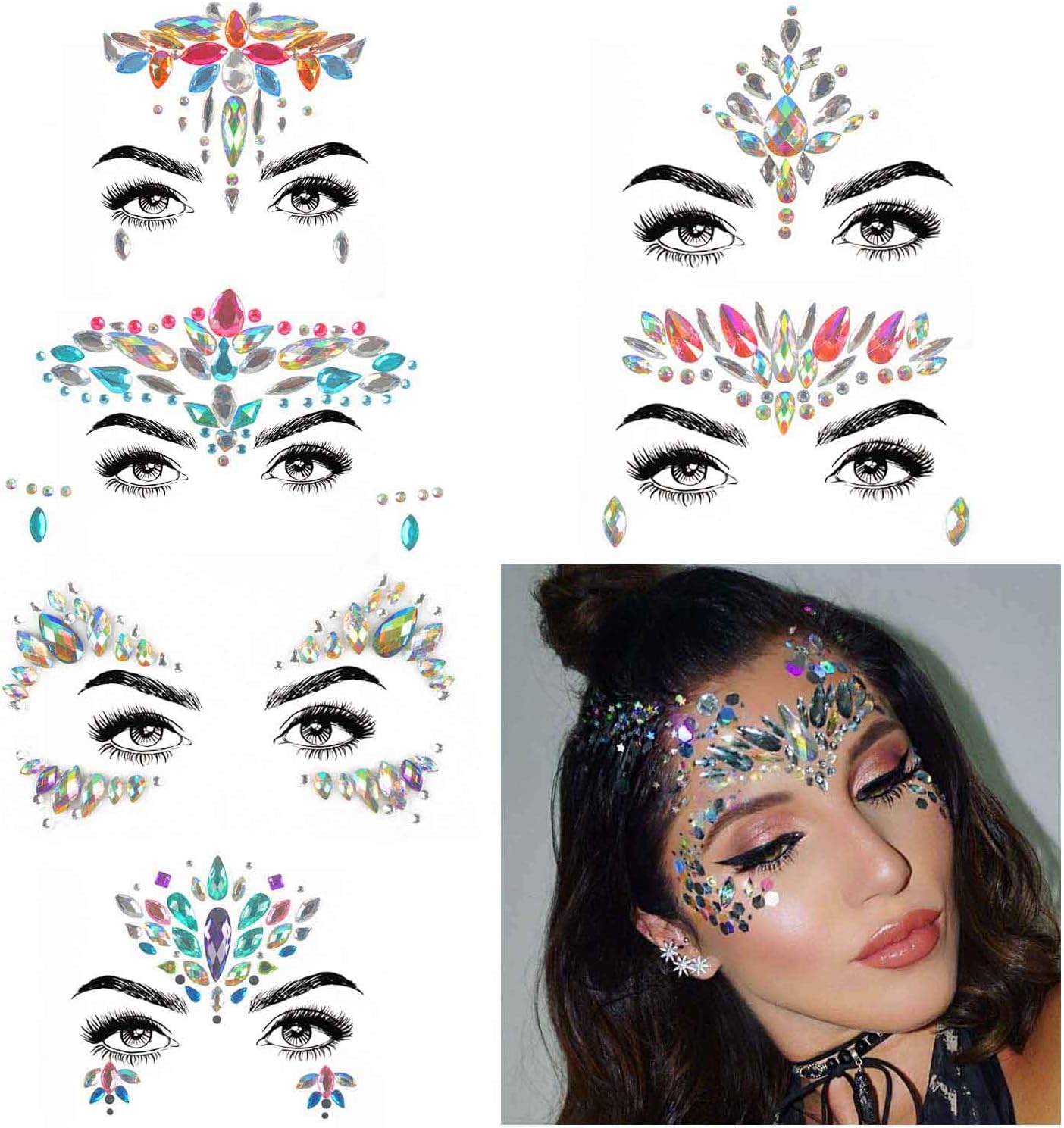 COKOHAPPY 6 Sets Rhinestone Mermaid Face Jewels Tattoo - BODY STICKERS Crystal Tears Gem Stones Bindi Temporary Stickers (Collection 1)