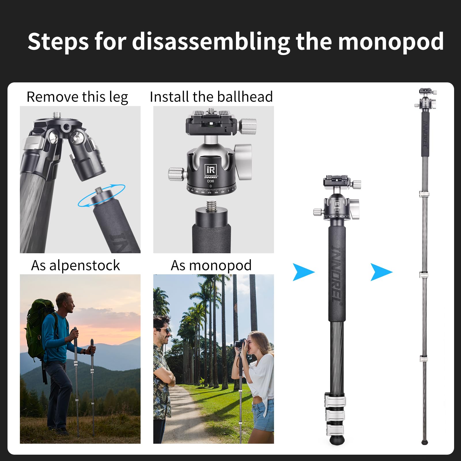 Kt254cf - innorel trépied Professionnel à clapet Rapide en Fibre de Carbone 25,6 mm Support Compact et léger avec tête sphérique à Double Encoche en U Mince d36 pour caméscopes Reflex numériques