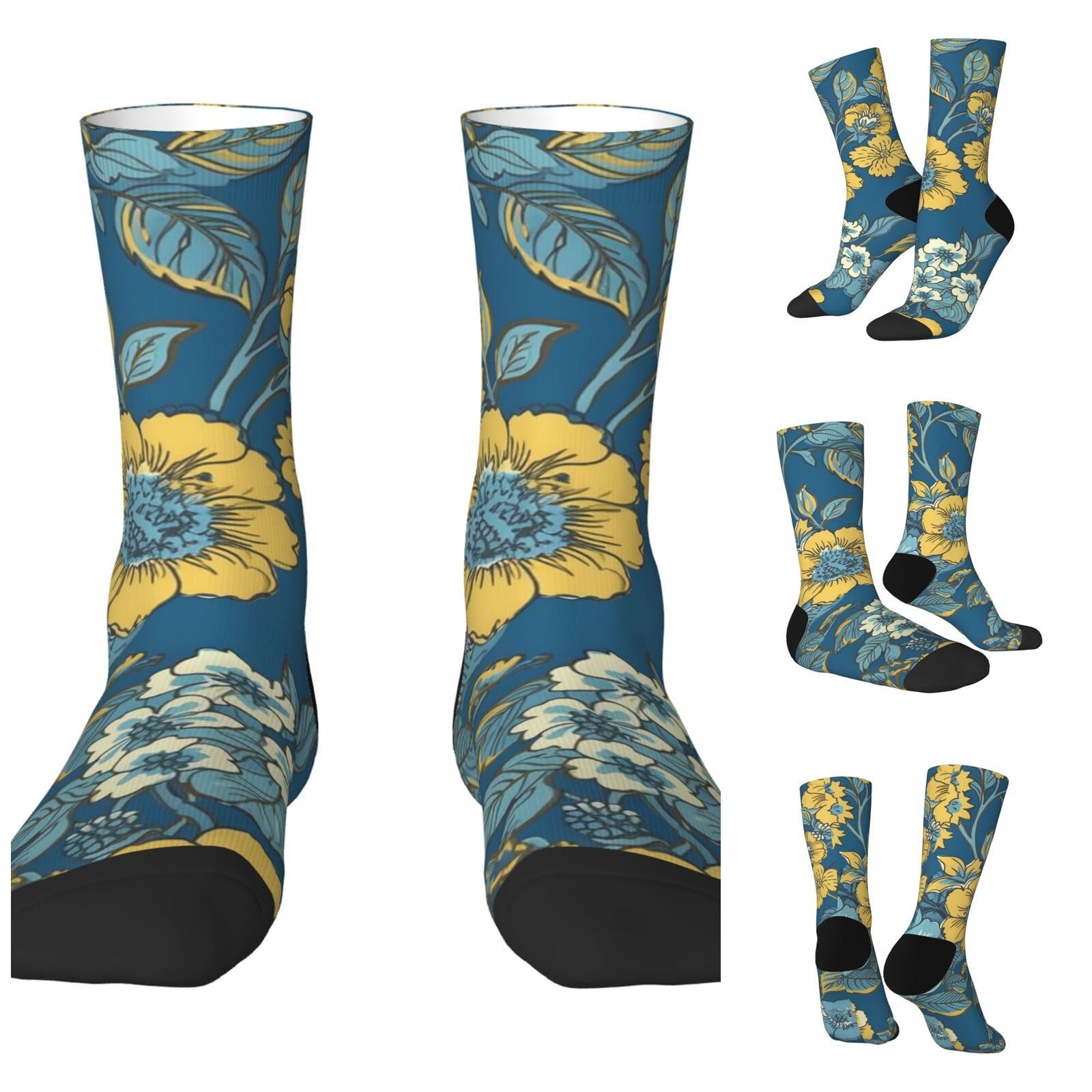 LZQPOEAS Blue And Yellow Flowers Athletic Socks Unisex Cushioned Crew Socks Hiking Running Calf Sock Soft Above Ankle Sock