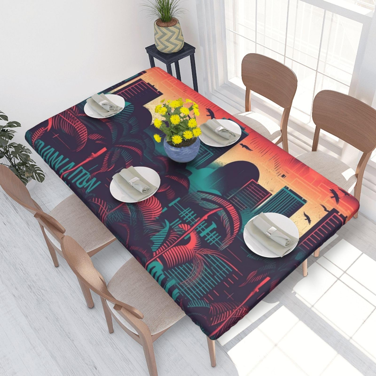 Miami Waterproof Square Table Cover Elastic Fitted Tablecloth Oil Proof Table Protector For 4ft Table