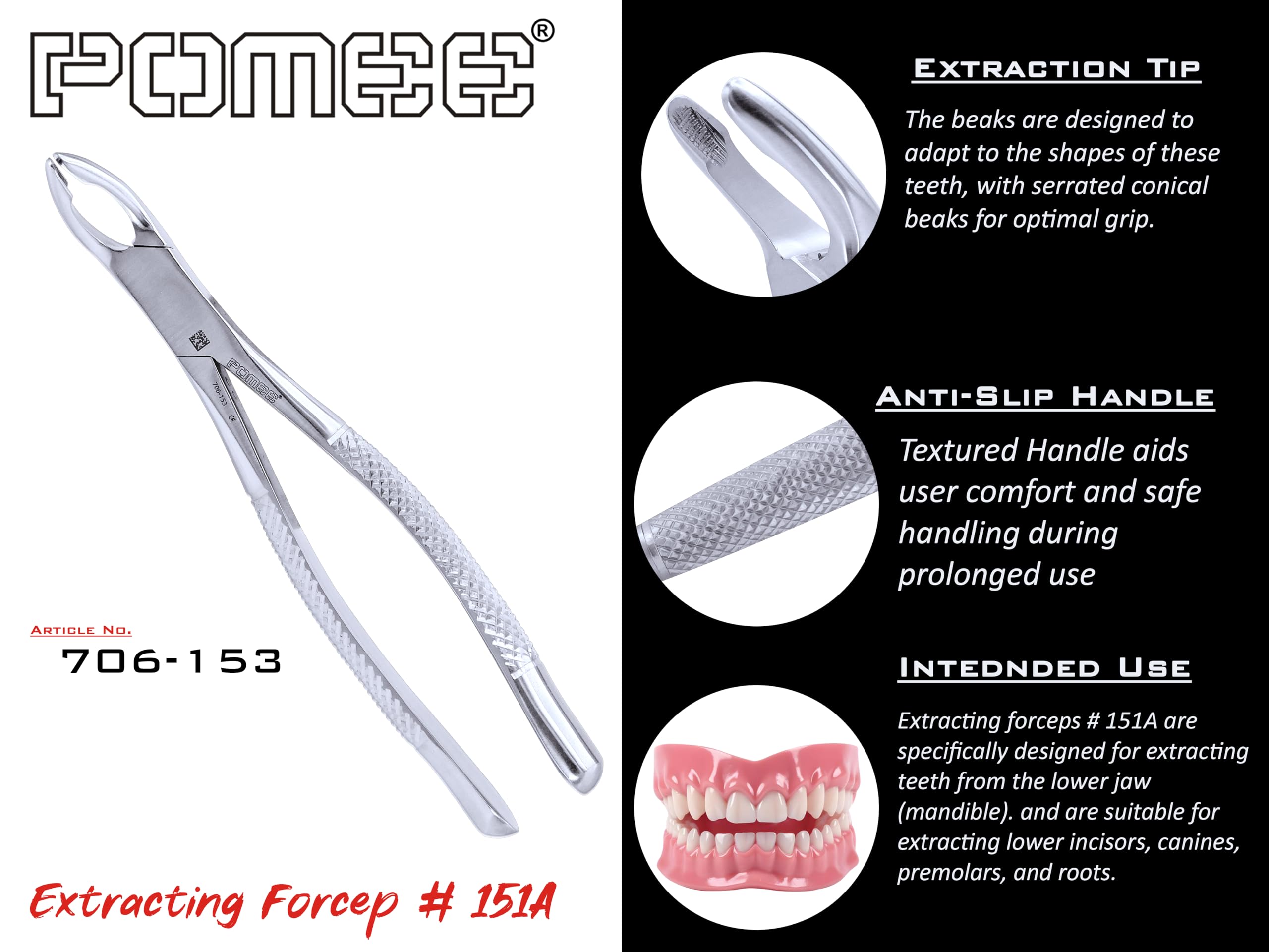 Pomee USA 706-153 Extracting Forceps #151A Maxillary Extracting Forceps, for Lower Incisors, Canines and Premolars