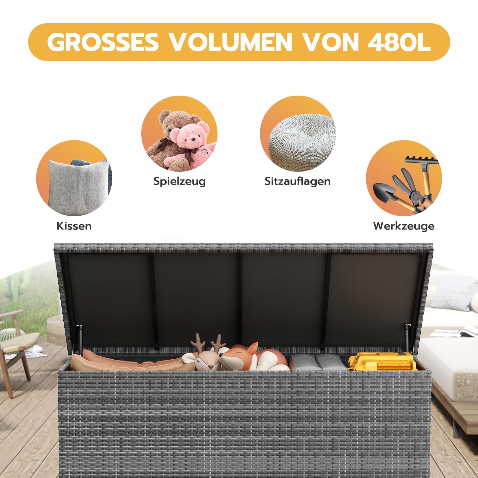 UDPATIO Gartenbox Wasserdicht 480L mit Rollen, Aufbewahrungsbox Garten, Auflagenbox Wetterfest, Kissenbox Outdoor mit Deckel, Gasdruckfedern, ideal für Garten, Terrasse & Balkon | Grau