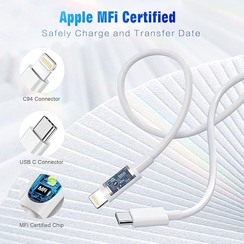 Miniatura 2 de Cable USB C a Lightning certificado Apple MFi Paquete de 2 cables de carga rápida para iPhone de 10 pies, cable de carga tipo C compatible con