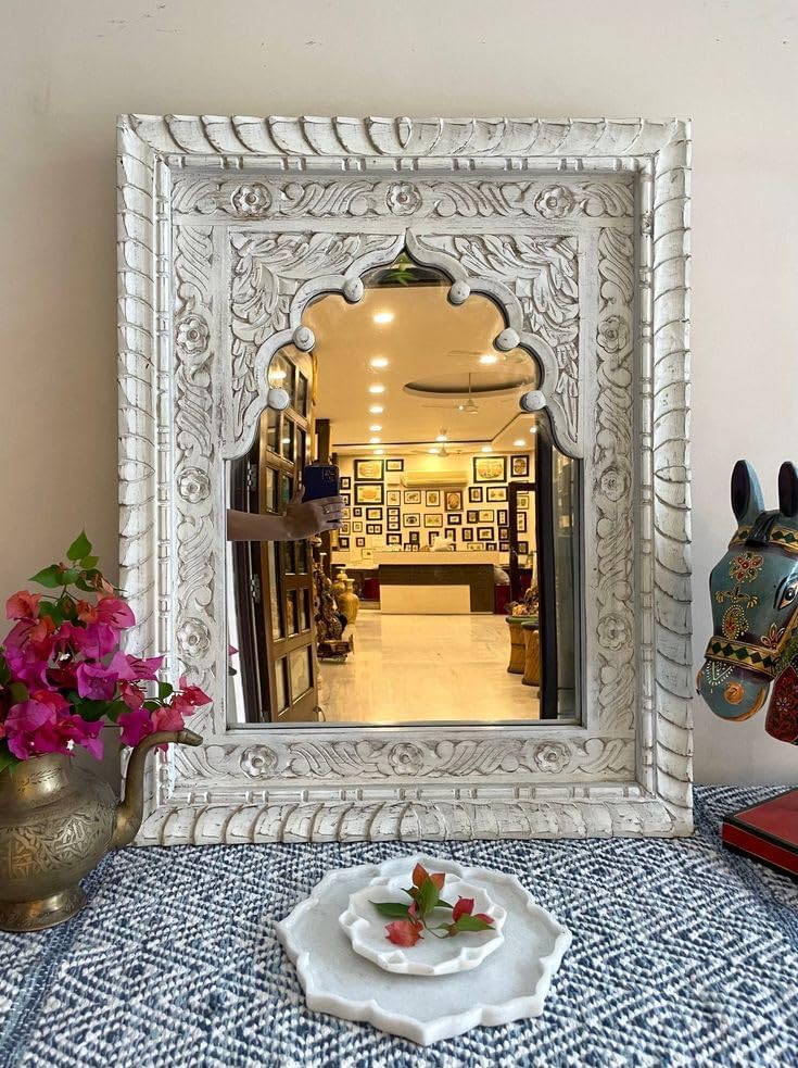 DENCOITRY Decorative Wall Mirror, Handcarved Wooden Frame, Traditional Jharokha Style, Antique White Finish || Without Mirror || 24x18 inches ||-image-37