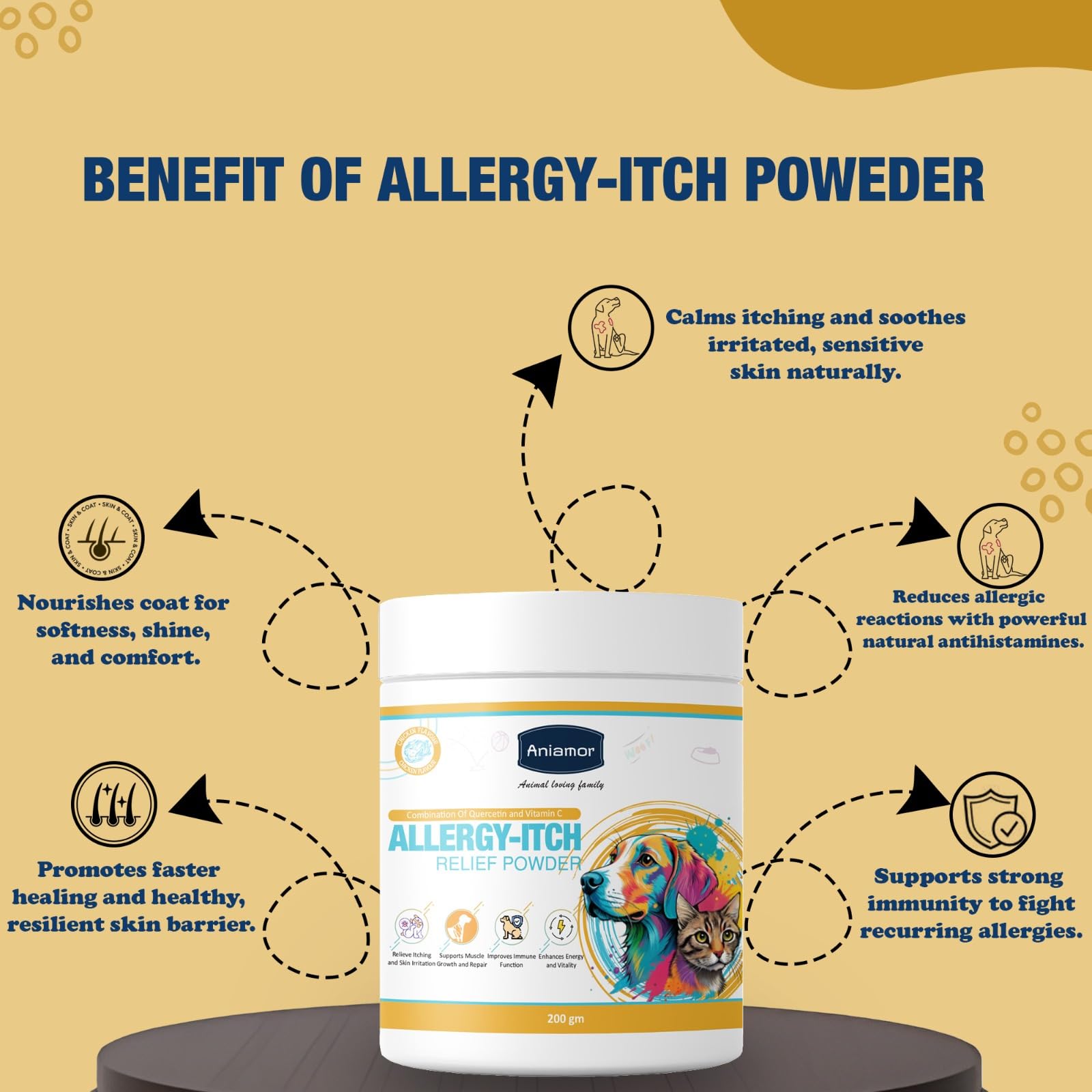 Aniamor Allergy- Itch Powder for Dogs and Cats | Omega 3 for Dogs | Helps Itching, Dry Skin, Hot Spots & Healthy Coat| Dog Supplement | All Life Stage |200gm Jar 1