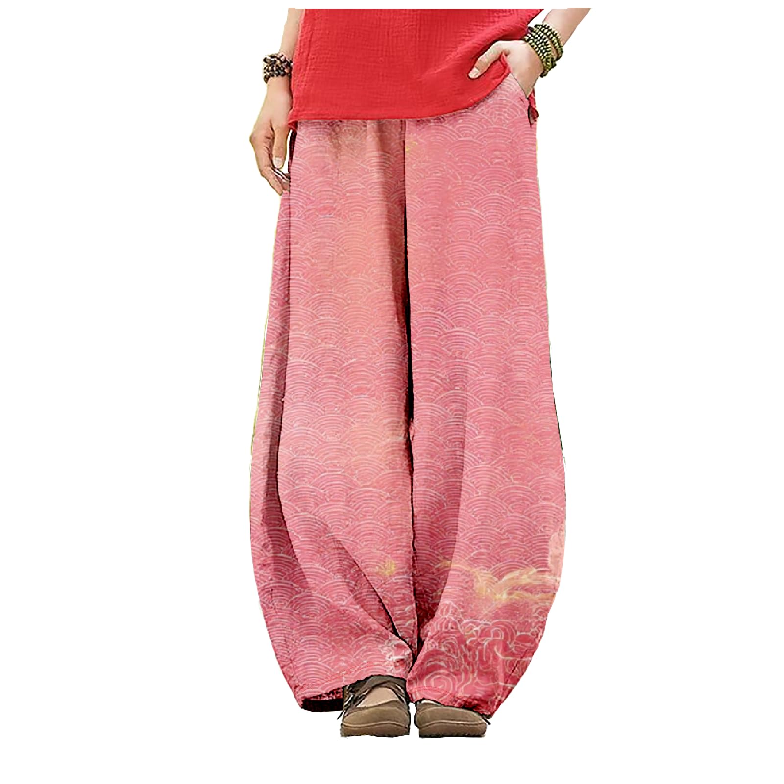 Flowy Pants for Women Summer Casual Vintage Floral Wide Leg Work Pants with Pockets Spring Fall