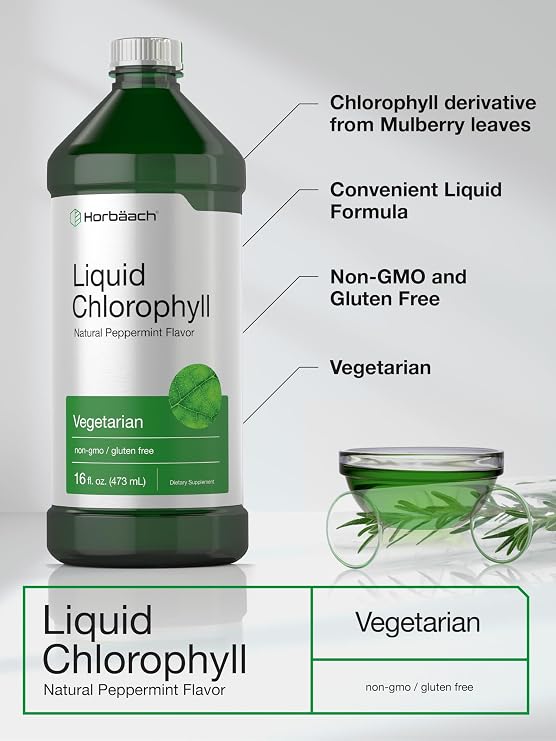Horbaach Liquid Chlorophyll | 100 mg | 32 fl oz (2 x 16 fl oz Bottles) | Natural Peppermint Flavored Drops | Vegetarian, Non-GMO & Gluten Free Supplement Formula