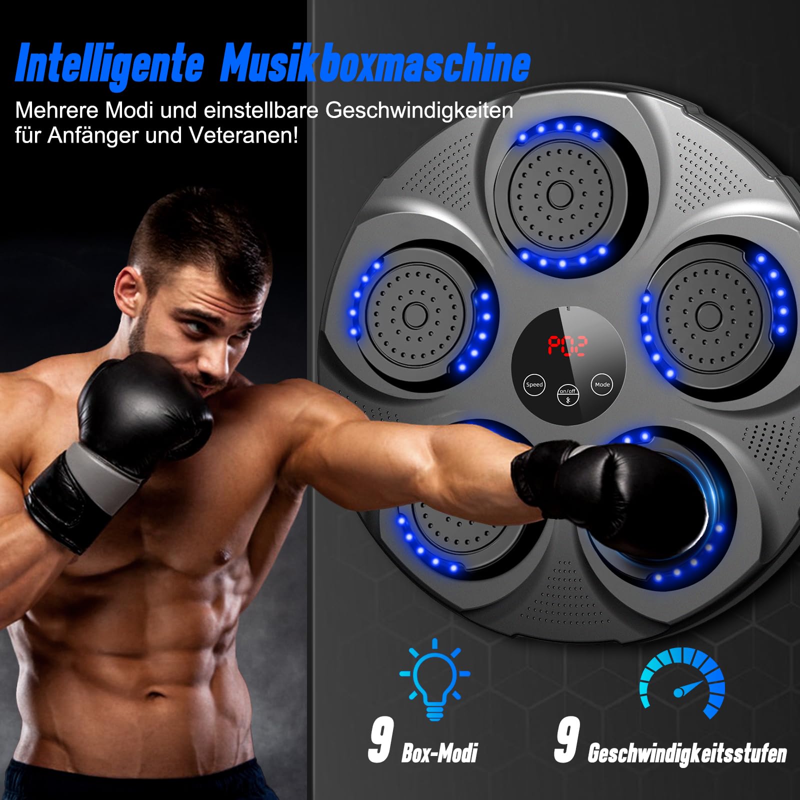 Music Boxing Machine, Großes Wandmodell Professioneller Boxmaschine Musik mit Boxhandschuhen Bluetooth-Verbindung, 9 Geschwindigkeiten und Modi, für Kinder und Erwachsene，Heim, Fitnessstudio, Schwarz