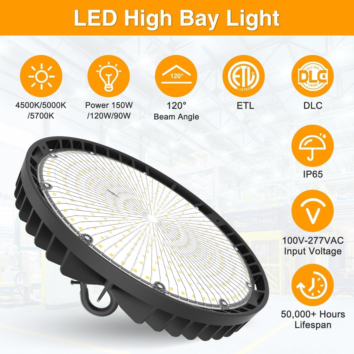 UFO LED High Bay Light 150W 120W 90W Adjustable High Bay LED Shop Lights 4500K 5000K 5700K Tunable 0-10V Dimmable for Warehouse Garage ETL Listed AC100-277V