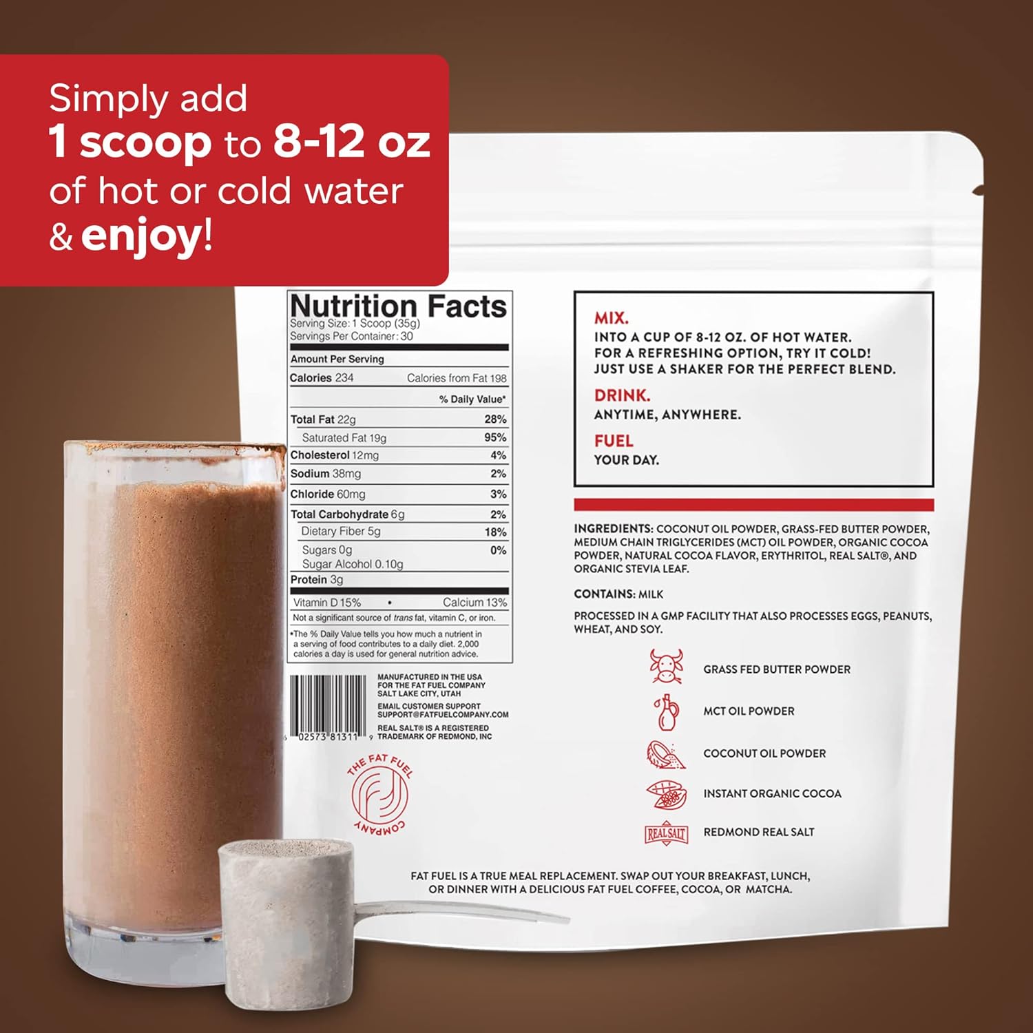 Fat Fuel Keto Cocoa 22g Premium Fats - with Grass Fed Butter, MCT Oil, Coconut & Redmond Real Salt - Instant Organic Cocoa, One Net Carb, A True Meal Replacement - 30 Bulk Powder Servings