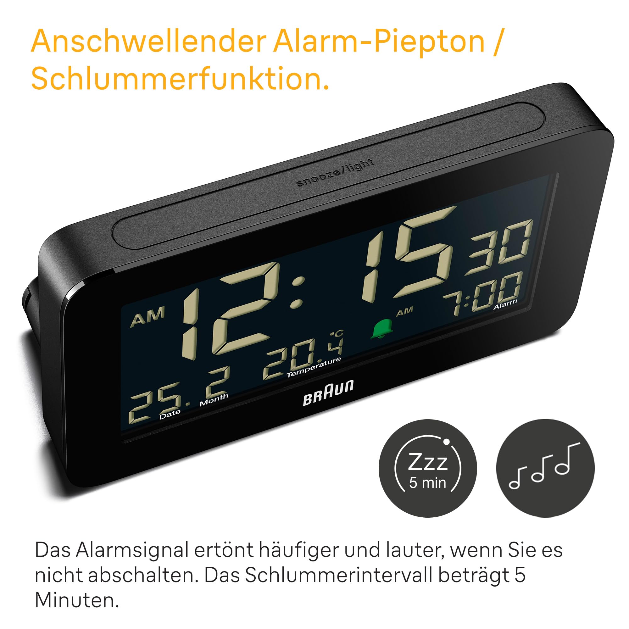 Braun Digitaler Wecker mit Datums-, Monats- und Temperaturanzeige, negativem LCD-Display, Schnelleinstellung und anschwellendem Alarm-Piepton in Schwarz, Modell BC10B.