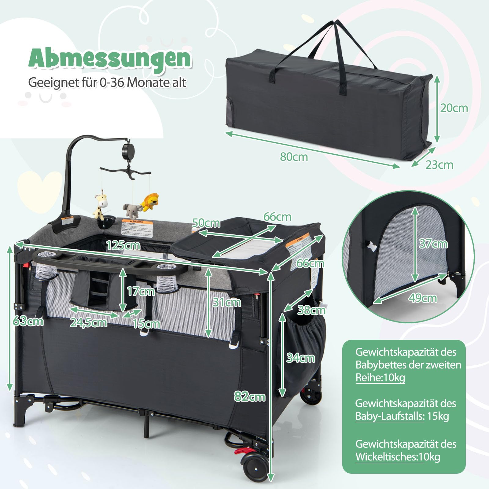 DREAMADE 5 in 1 Reisebett Baby, 120 x 60cm Beistellbett mit Matratze & Wickeltisch, Spieluhr & Spielzeug, höhenverstellbares Babybett für Baby ab Geburt(Dunkelgrau)