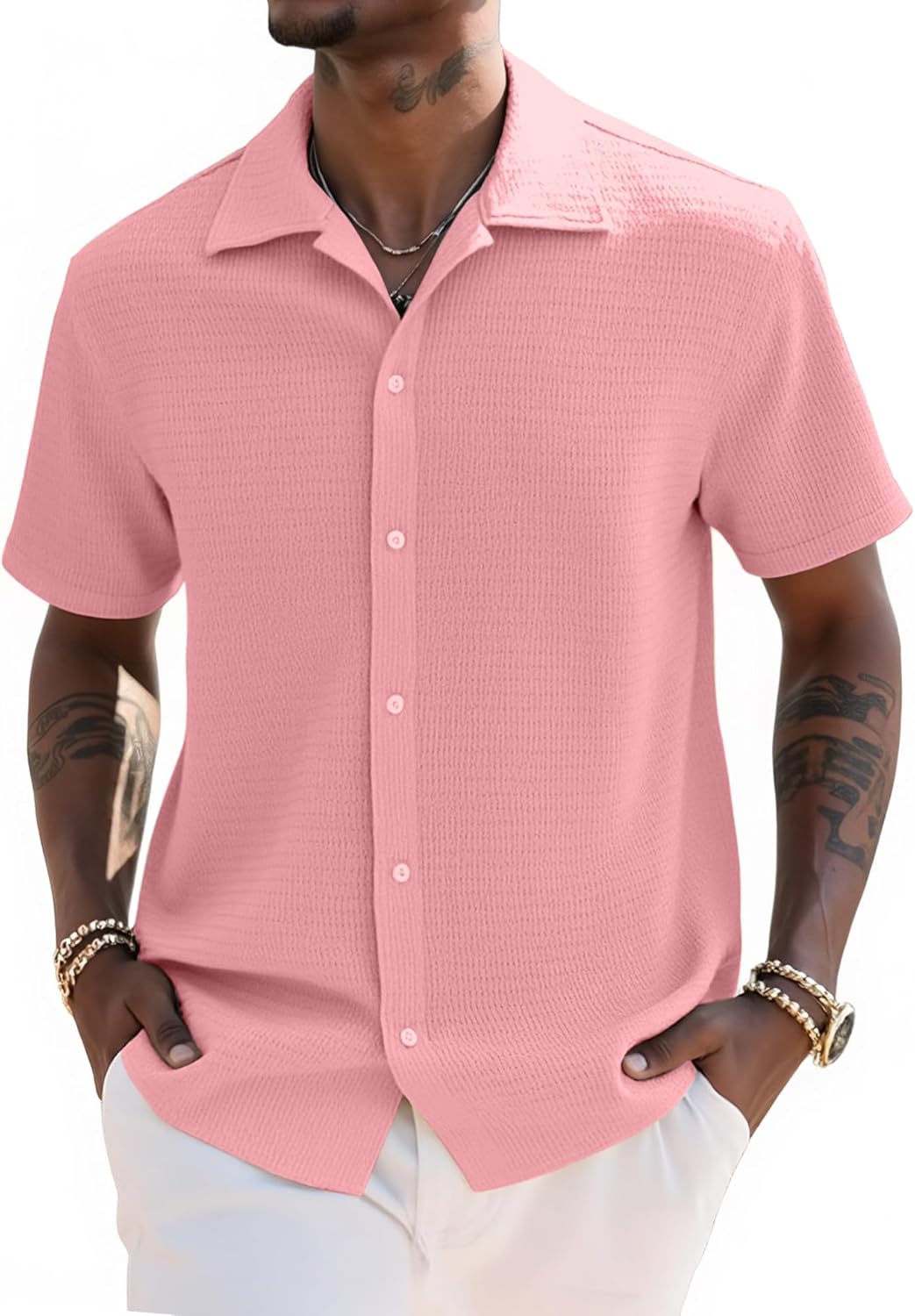 UOUA Men's Casual Button Down Shirts Short Sleeve Summer Textured Tops for Beach Vacation