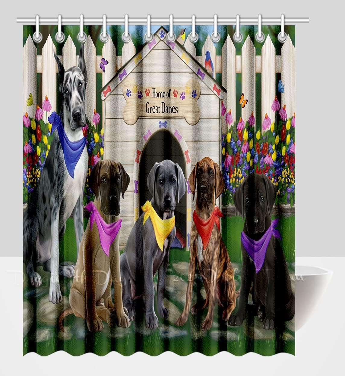 Spring Dog House Great Dane Dogs Shower Curtain - Waterproof Polyester One-Side Printing Pet Bathtub Curtain Decor Curtain for Bathroom with Hooks, 69"x70"