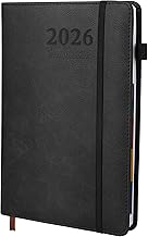 2026 Diary - Daily A5 - Soft Leather Cover - Monthly with Elastic, Schedules - for University and Work - Black