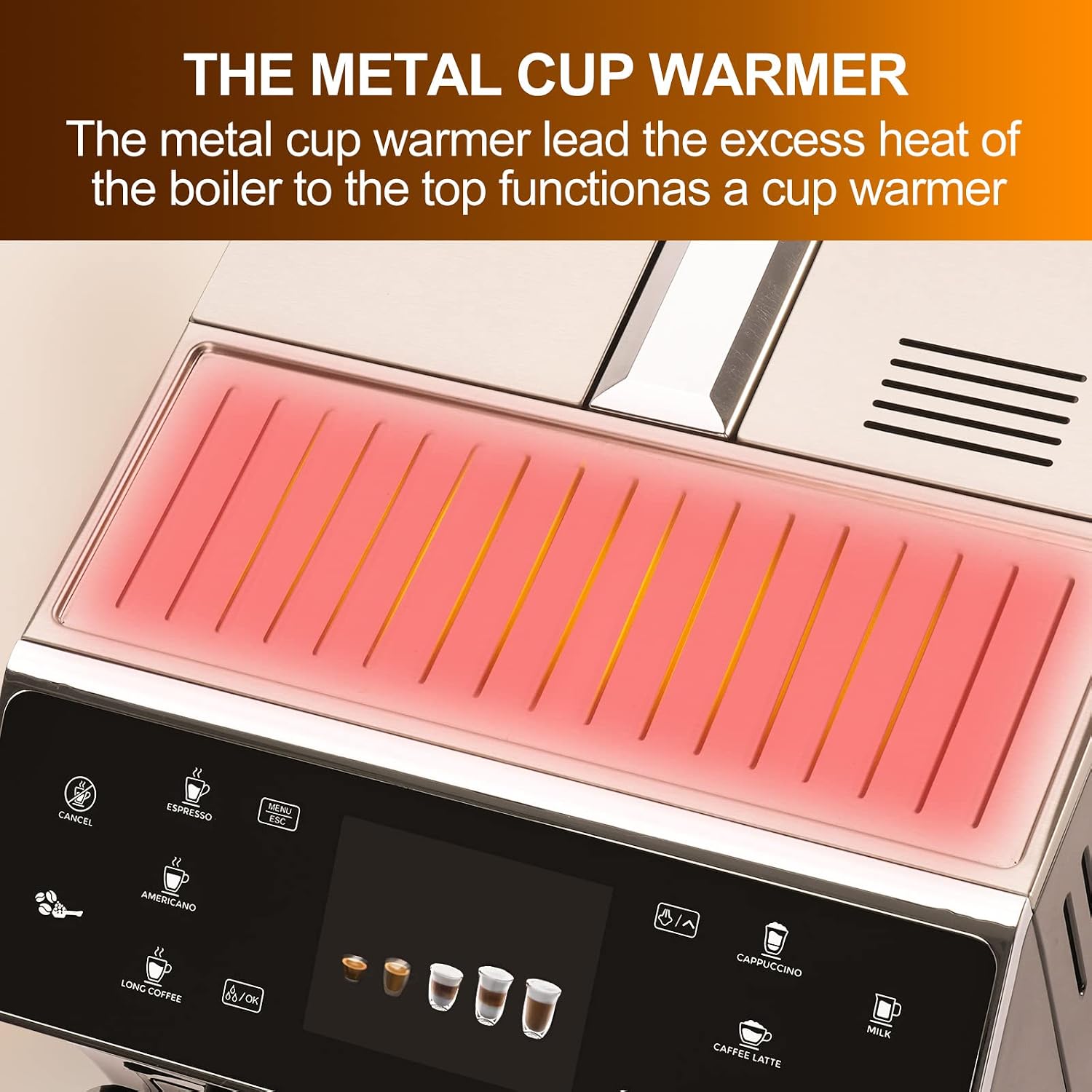 Close-up of the metal cup warmer on top of the espresso machine