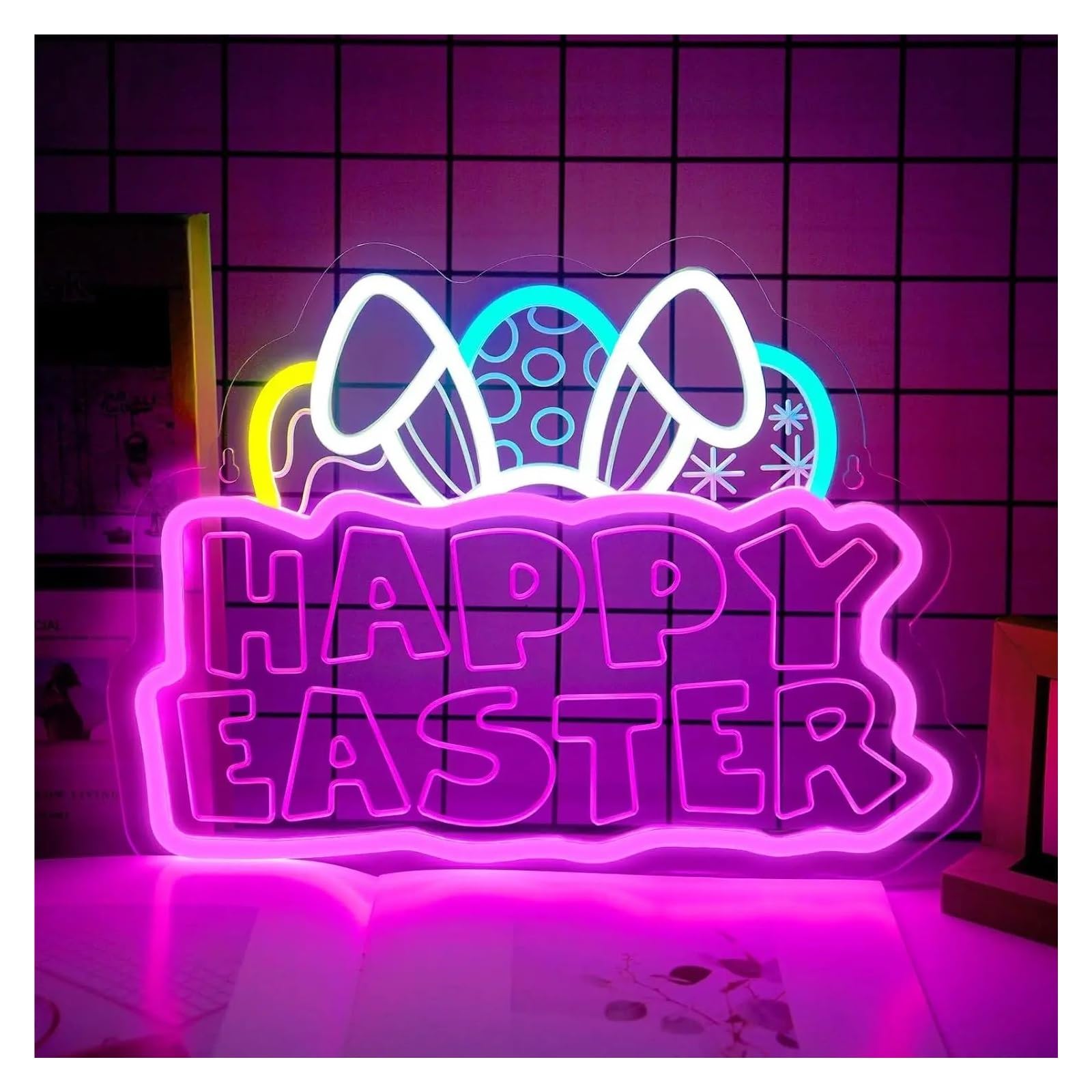 LEMST Sign Lamp Happy Easter Neon Sign Bunny Light Dimmable for Easter Festival Rabbit Kids Room Bedroom Party Living Room Decor 36cmx27cm