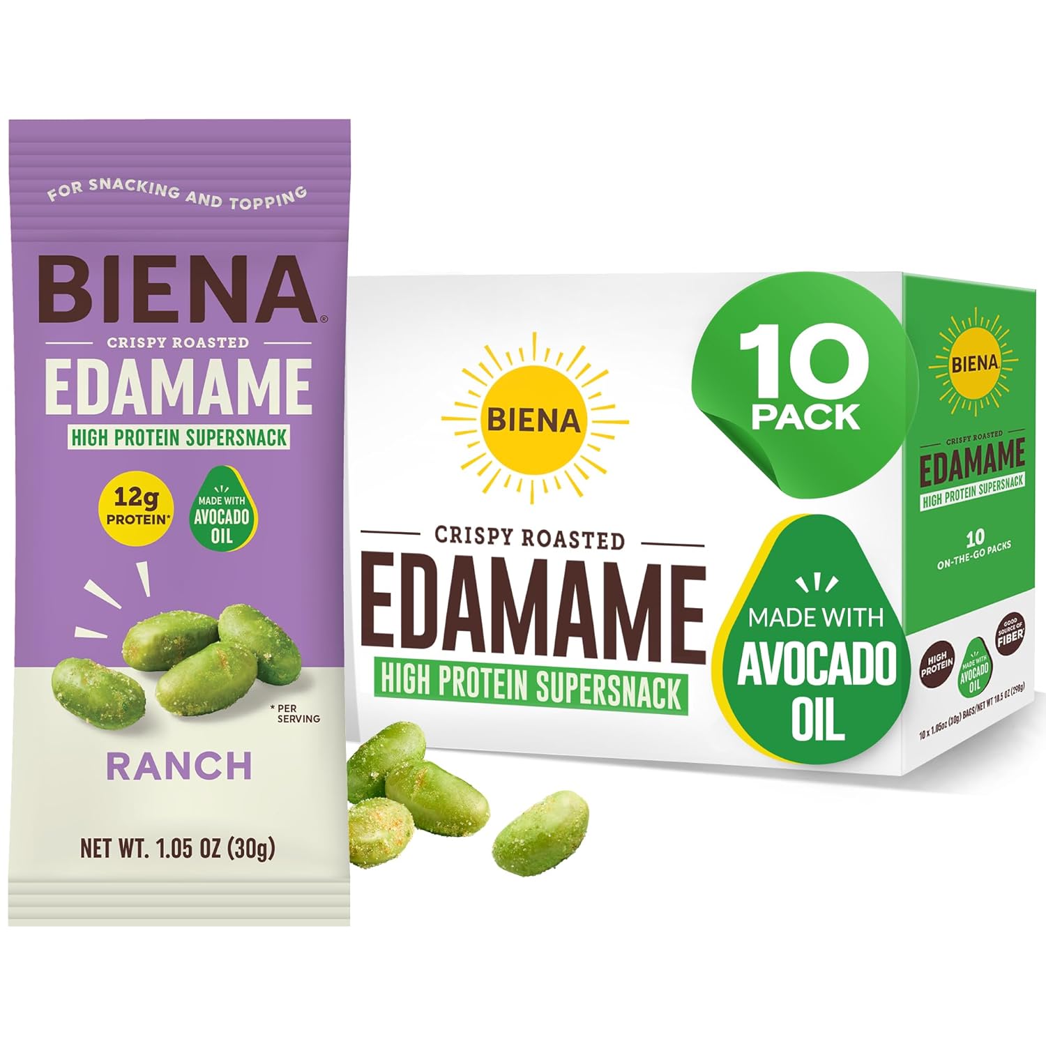 Biena Crispy Roasted Edamame Beans Snack – High Protein Low Carb Snack for Adults & Kids, 12g Protein per Serving – Made w/Avocado Oil – Vegan, Gluten-Free – 10-Pack, 1.05oz Bags, Ranch