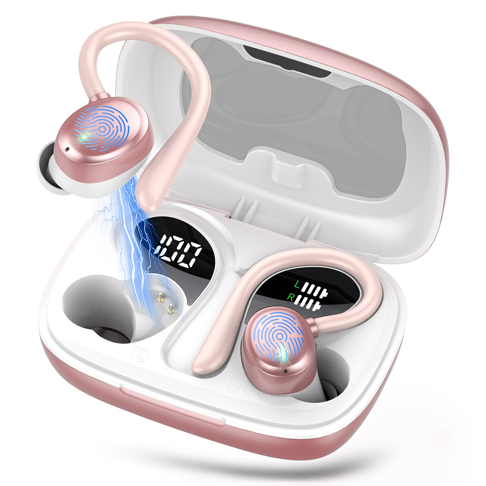 Bluetooth Kopfhörer Sport, Kopfhörer Kabellos Bluetooth 5.3 mit HD Mic, In Ear Kopfhörer mit 4 ENC Klarer Mic, 72 Std Kabellose Kopfhörer mit Tiefer Bass,IPX7 Wasserdicht Ohrhörer mit Ohrhaken,Schwarz
