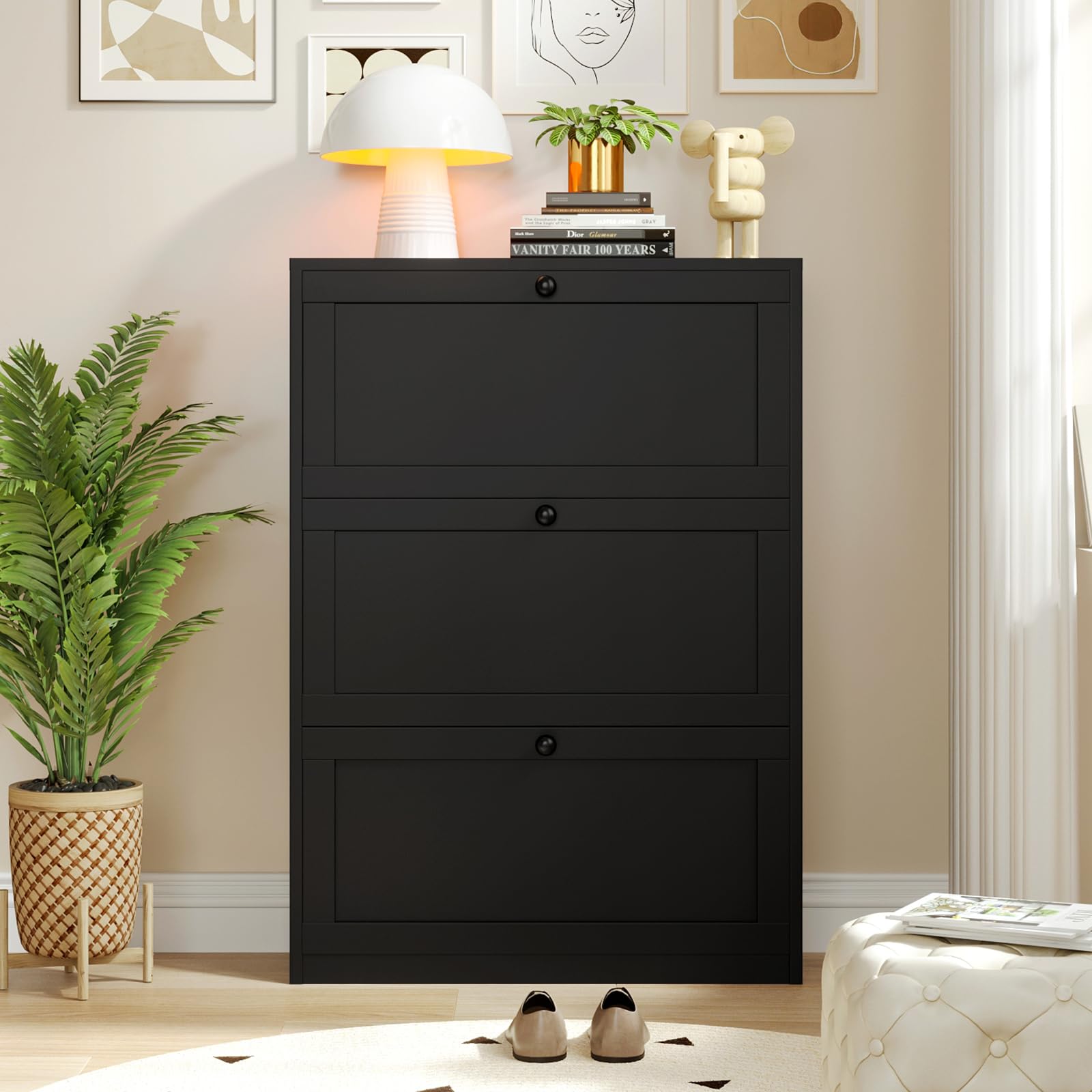 VOWNER Zapatero Estrecho Mueble Zapatero 80x24x116cm (Negro) | con 3 Puertas Abatibles, Madera para Entrada, Recibidor & Pasillo