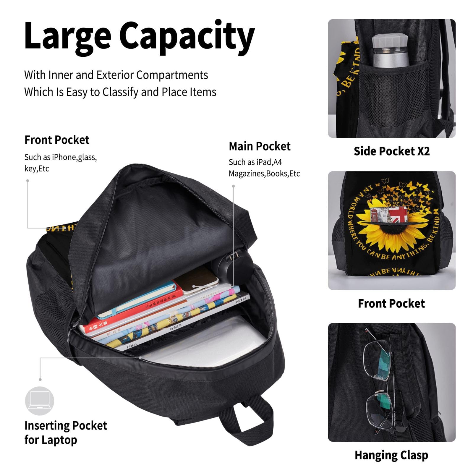 Juego de 3 mochilas escolares con estampado de mariposas y girasoles, mochila para laptop resistente al agua de gran capacidad con bolsa de almuerzo aislada y estuche para lápices para
