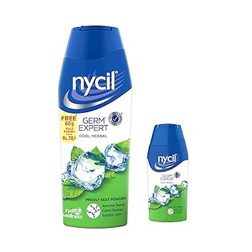 Nycil Germ Expert Cool Herbal Prickly Heat and Cooling Powder - 150 g + 60 g Free (Nycil Cool Herbal Powder) | Get Relief from Skin Problems