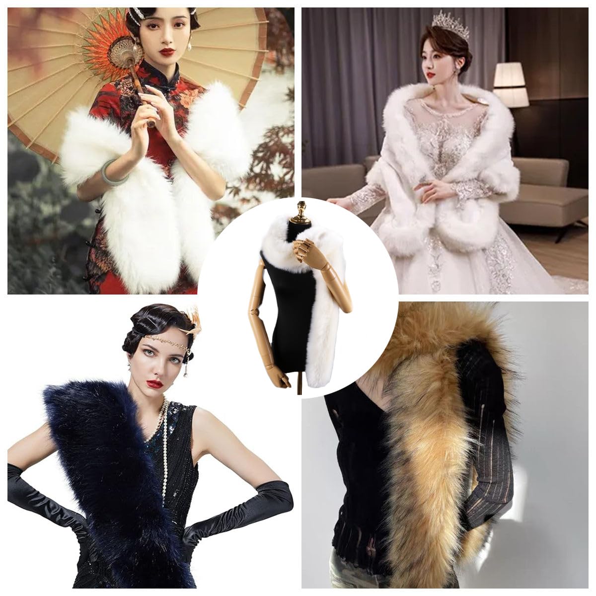Kunstpelz Schal Stola Damen Lang Fellschal 180cm Kunstfuchspelz Kragen Winter Fellkragen Hochzeitsschal Pelz Brautstola Kunstfell Pelzkragen Kragenschal Pelzschal für Abendkleid Jacke Mantel