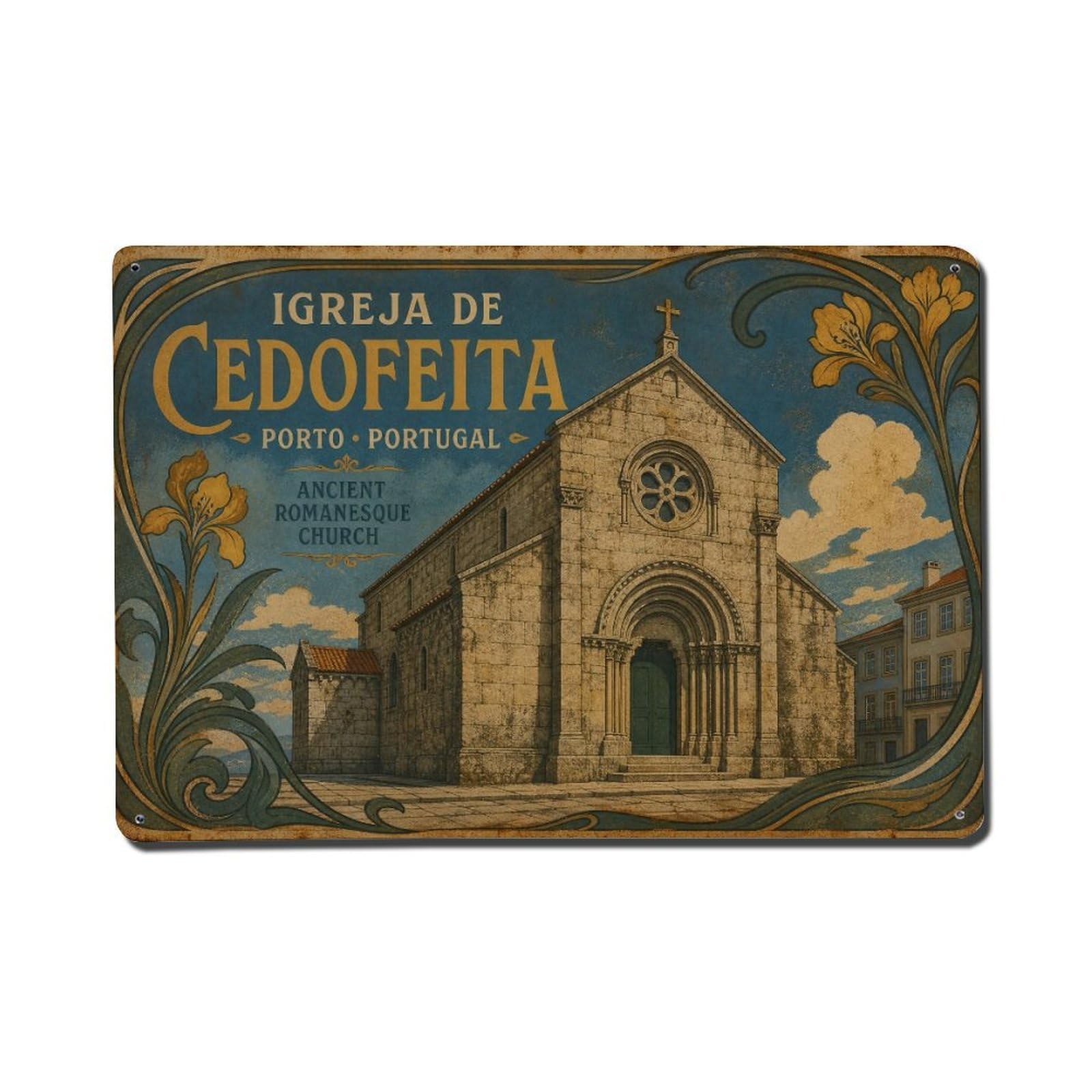 Vintage Travel Igreja Cedofeita Ancient Church Portugal Metal Tin Sign