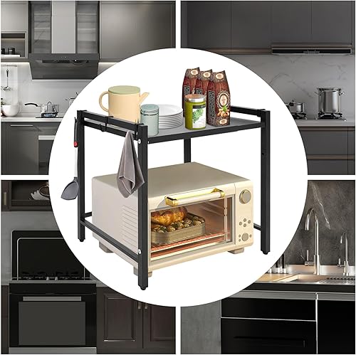 Miniatura 4 de Estante extensible para horno de microondas, estante ajustable para encimera de cocina, soporte de microondas de 2 niveles con 6 ganchos para