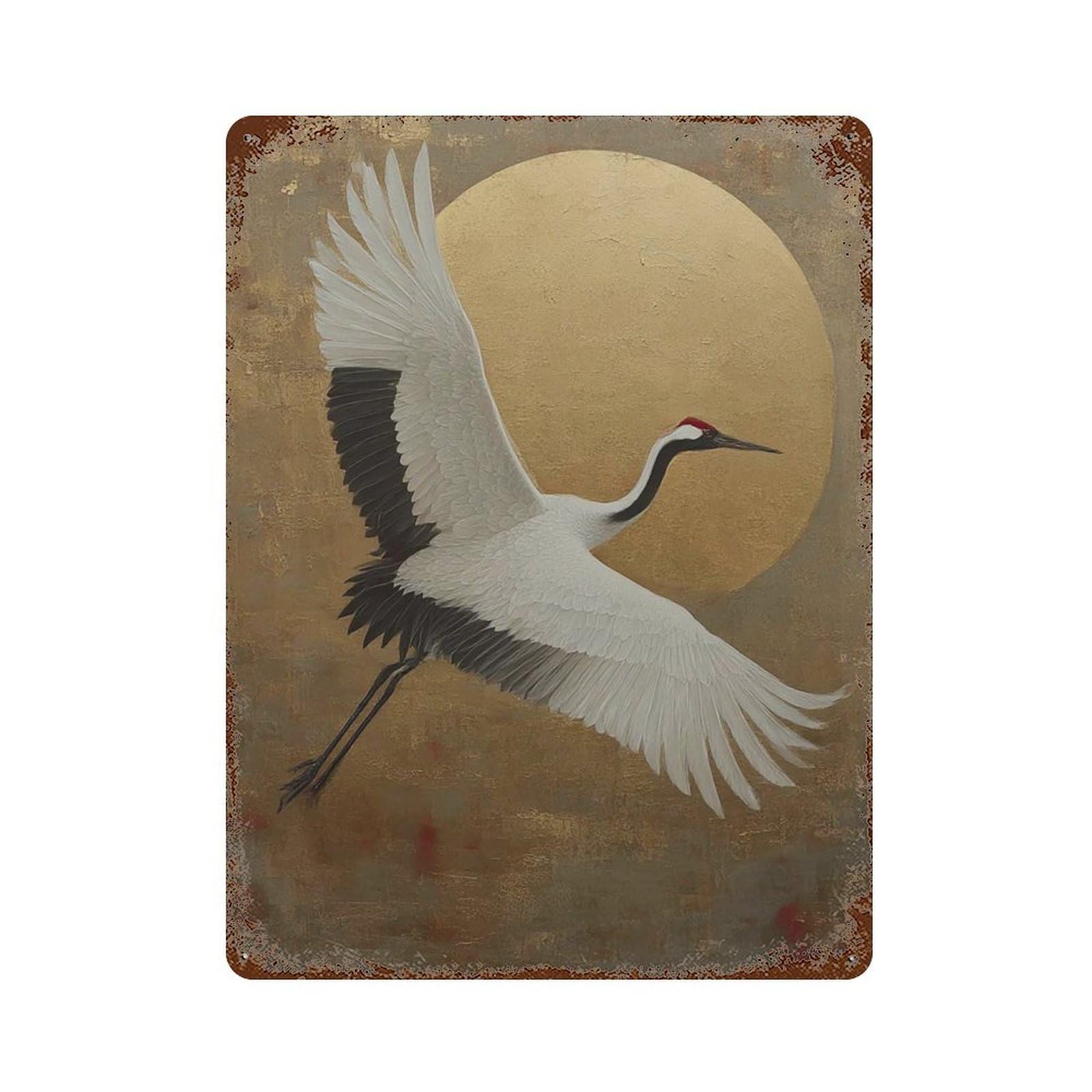 xiaoxiaoshen Cranes in Flight Japanese Bird Red Crowned Crane with Gold Sun Asian Traditional Wall Decor Art Metal Tin Poster Modern Home Decor Art Home Bar Shop Decorations Vintage Sign 40x30cm