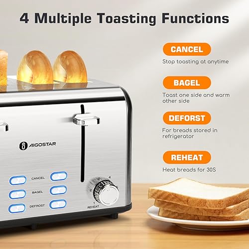Miniatura 4 de Aigostar Tostadora para sándwiches de 4 rebanadas, 1.6 pulgadas de ancho de acero inoxidable con bagel, recalentar, cancelar, descongelar, parrilla