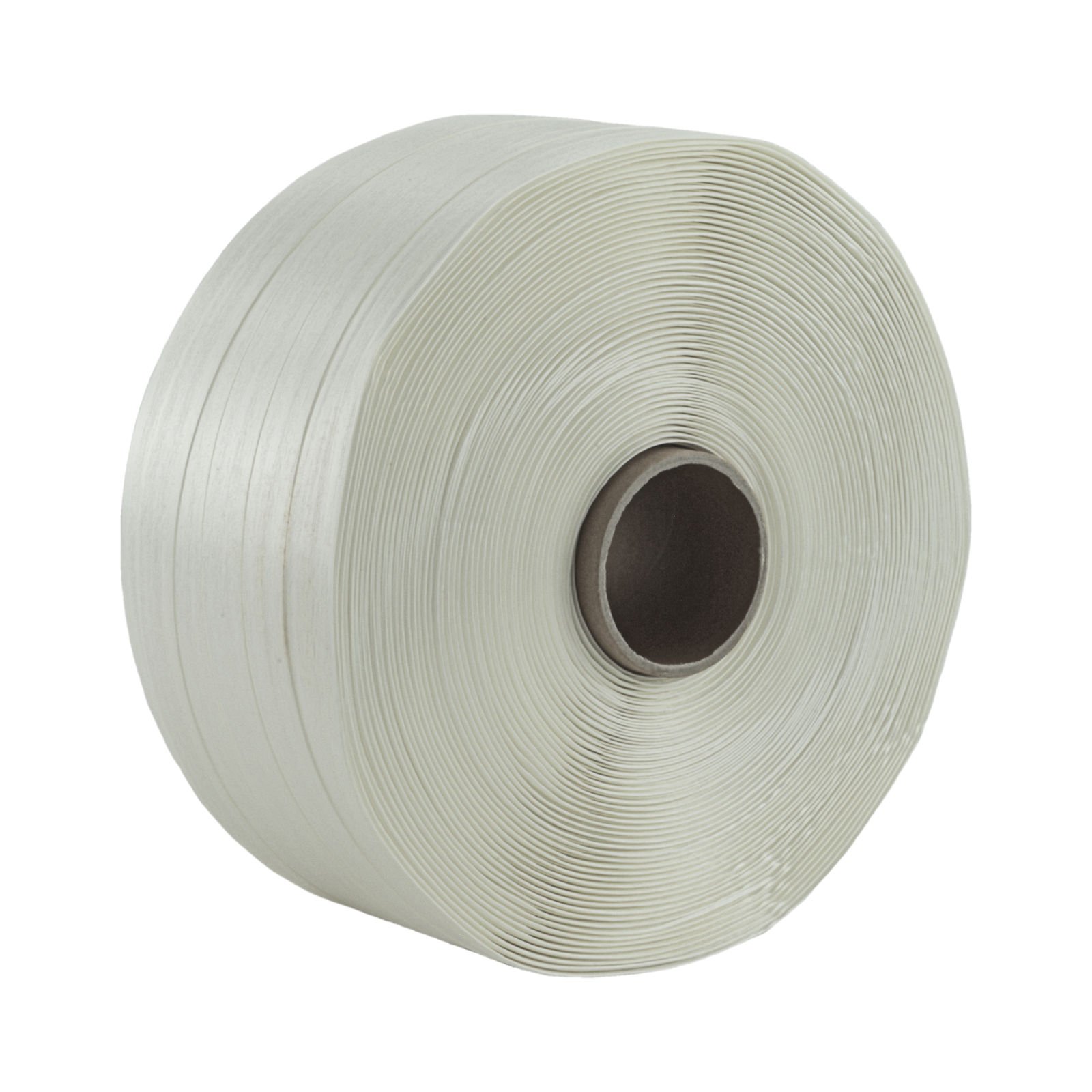 KK Verpackungen Umreifungsset Textil 25 mm | 100 Verschlussklemmen verzinkt, 500 m Polyesterband | Reißfestigkeit 1000 kg | Hotmelt verleimt, Kerndurchmesser 76 mm | Zum Bündeln von Produkten
