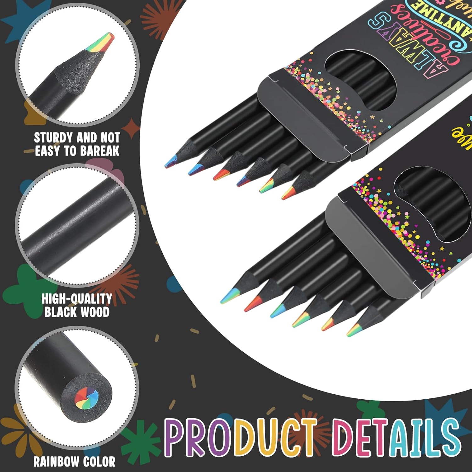 Tinlade 48 Pcs Easter Basket Stuffers, Rainbow Pencils for Kids, 7 in 1 Black Wooden Rainbow Multicolor Pencils Bulk School Classroom Art Supplies for Adults Coloring Sketching Drawing