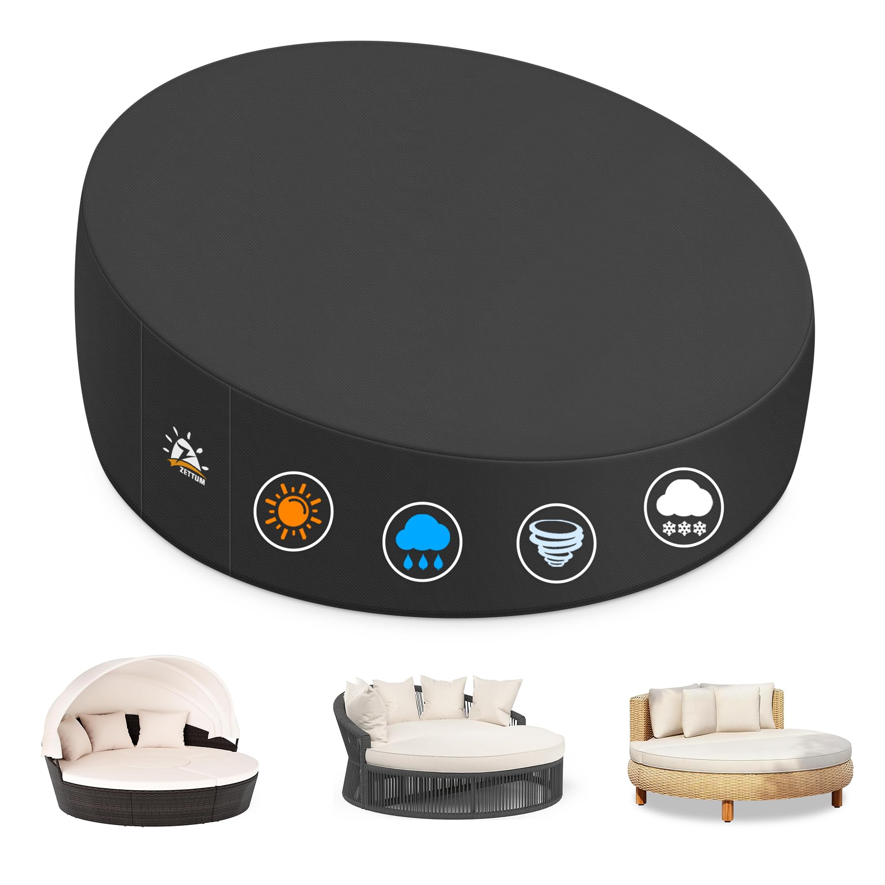 Zettum Garden Daybed Cover Ø223cm 600D PU Round Sofa Covers Waterproof & Heavy Duty, Canopy Day Bed Sofa Covers for All Weather Outdoor Furniture Protective for Patio Rattan Daybed Cover Ø223*90/45cm