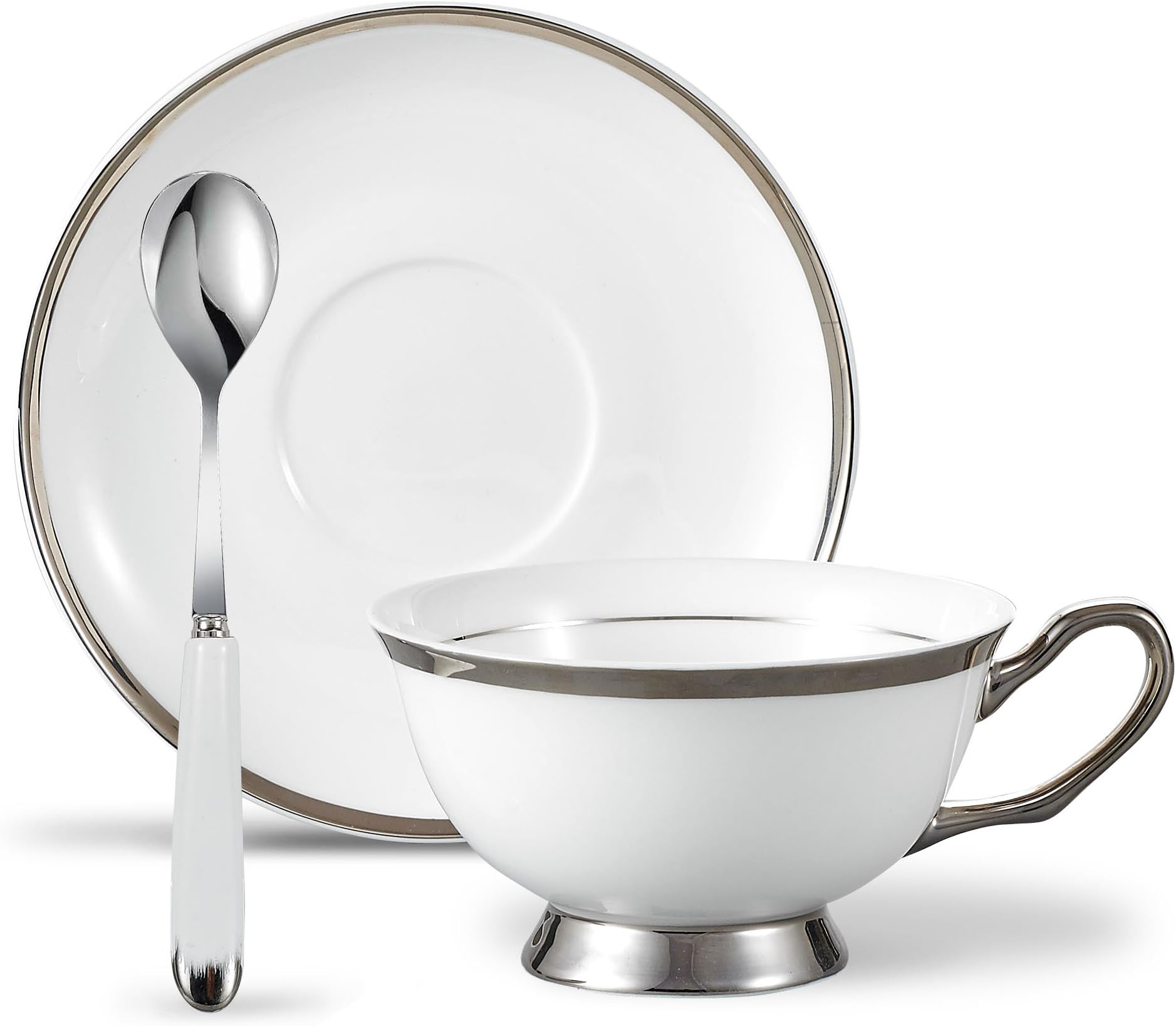 Panbado Cups & Saucers Sets with Spoons, Ivory White and Silver Patterned Bone China 3-Pieces Set Ceramic Tea Coffee Cup Teacups Porcelain Floral Ceremic Mugs