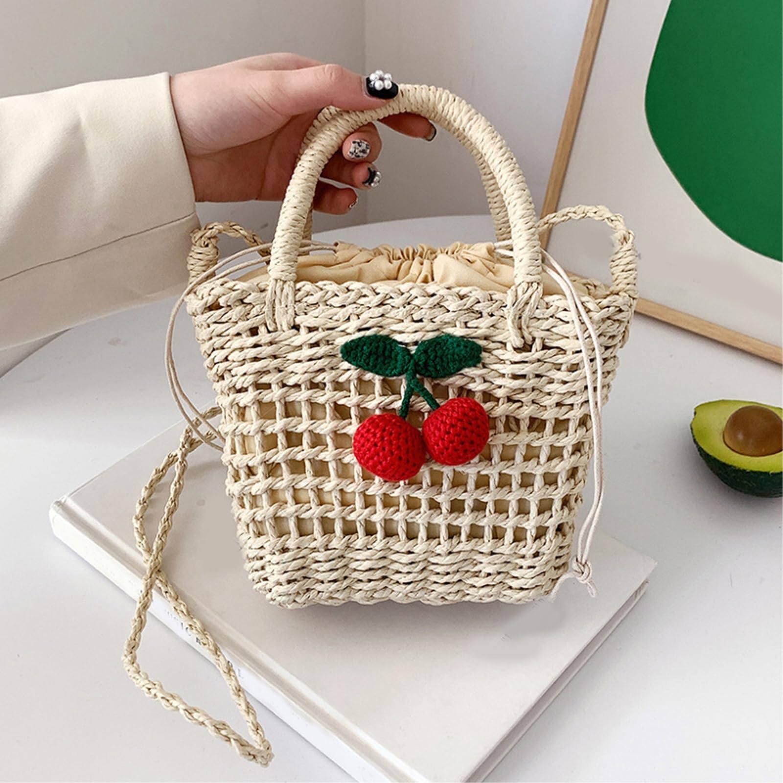 Strohtasche Damen Stroh Und Rattan Lagerkorb Crossbody Tasche, Handgefertigte Strohkorb, Strand Schultertasche-Khaki