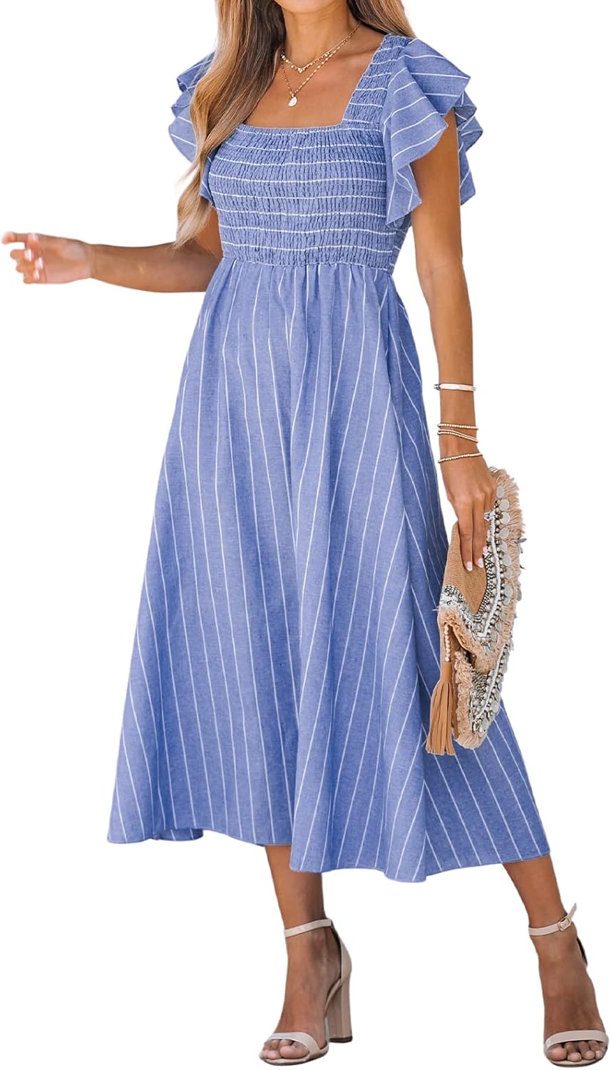 CUPSHE Women's Summer Dress Square Neck Striped Smocked Dress Ruffled Cap Sleeves Dress A Line Maxi Formal Dress