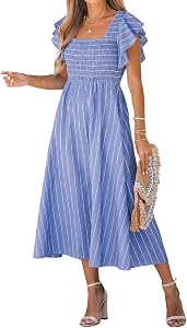 CUPSHE Women's Square Neck Striped Smocked Dress Ruffled Cap Sleeves Dress A Line Maxi Dress