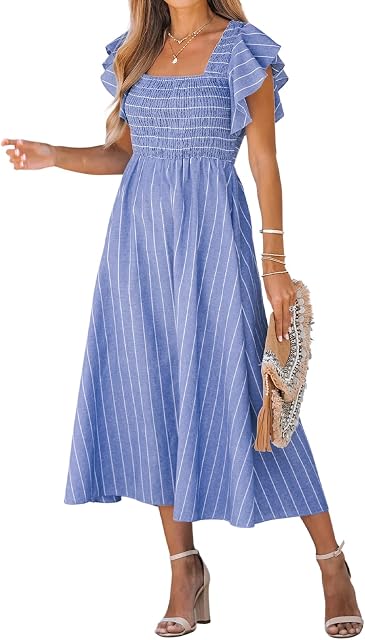 CUPSHE Women's Square Neck Striped Smocked Dress Ruffled Cap Sleeves Dress A Line Maxi Dress